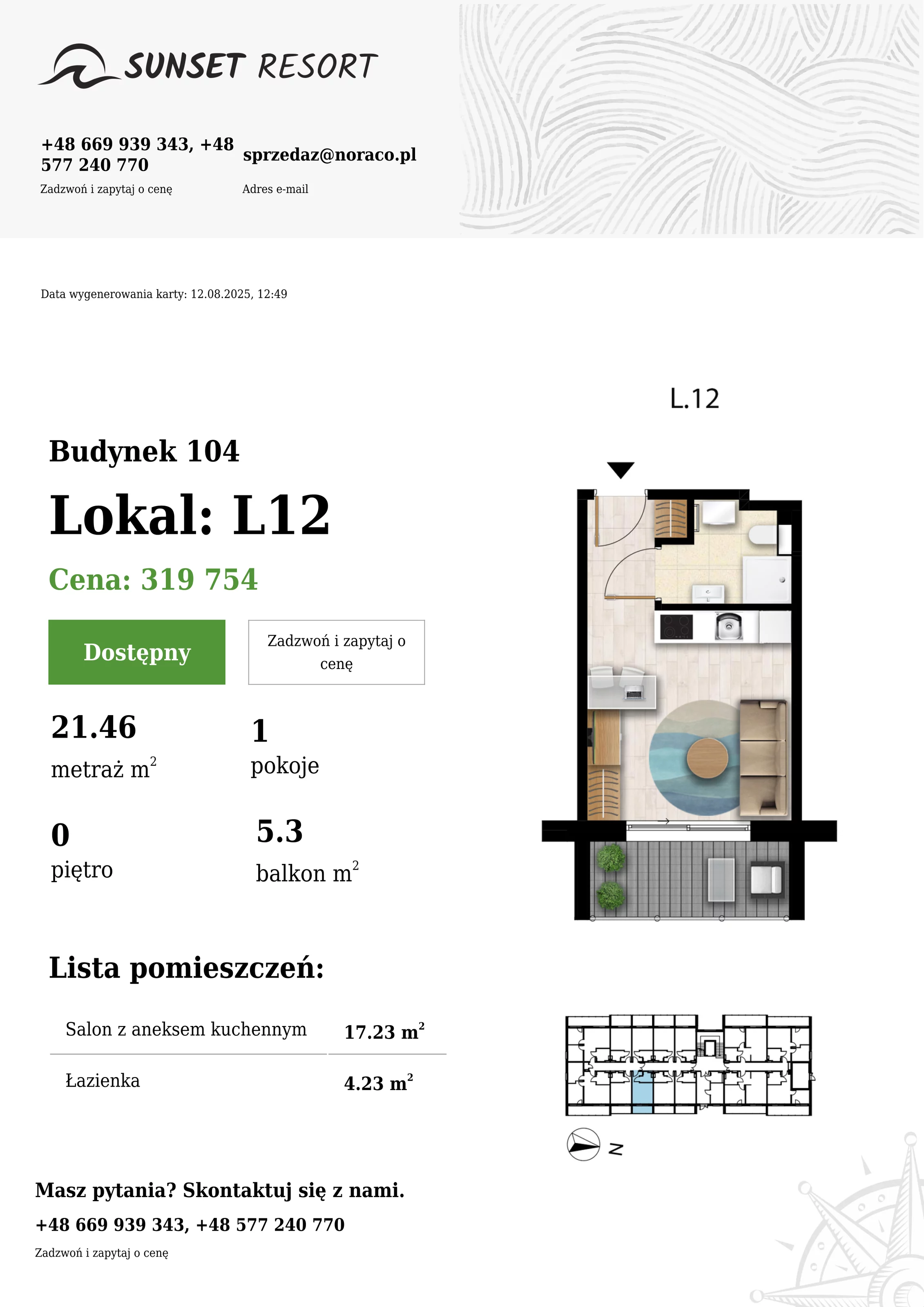 1 pokój, apartament 21,46 m², parter, oferta nr 104-L12, Sunset Resort, Grzybowo, ul. Nadmorska 106