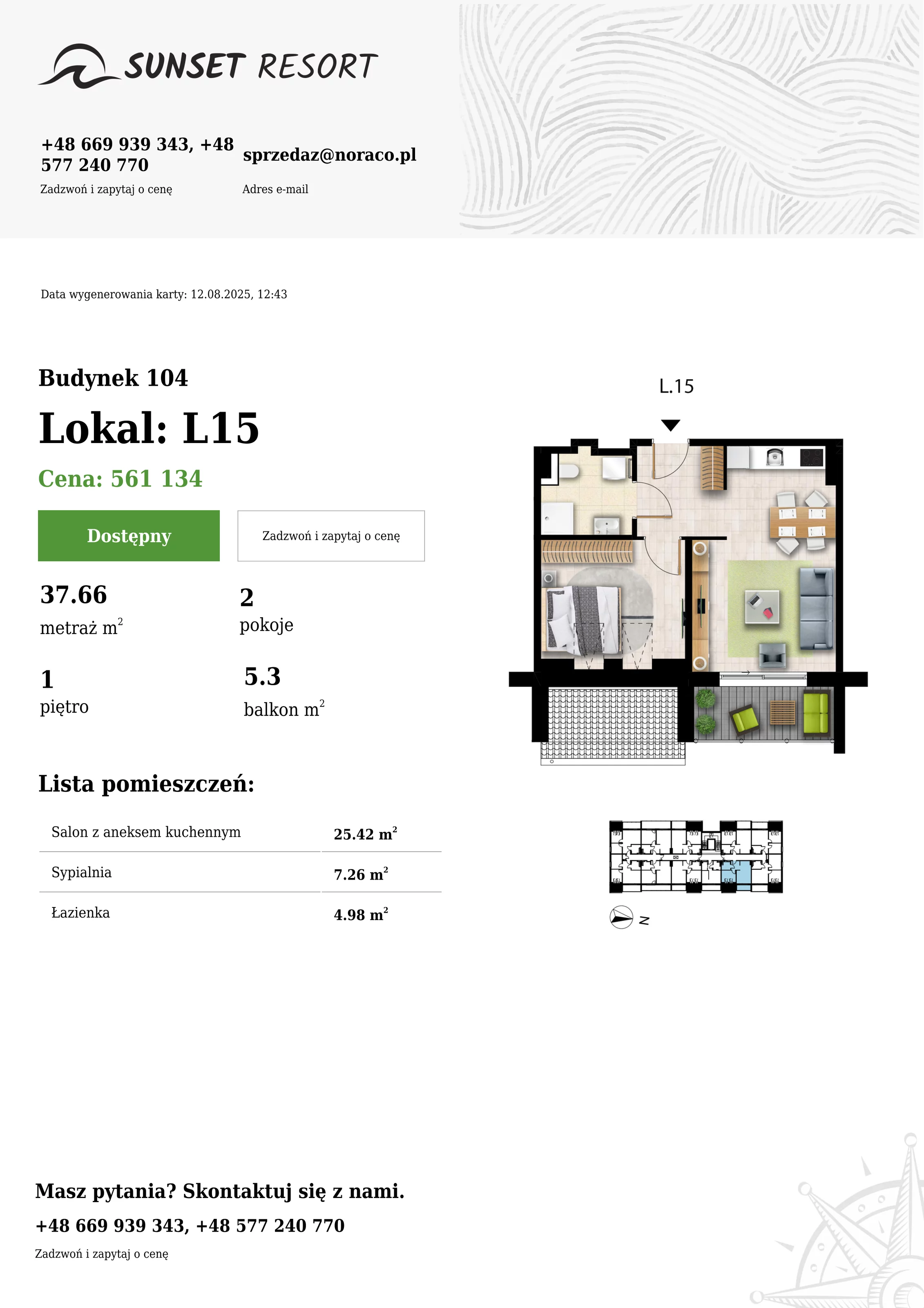 2 pokoje, apartament 37,66 m², piętro 1, oferta nr 104-L15, Sunset Resort, Grzybowo, ul. Nadmorska 106