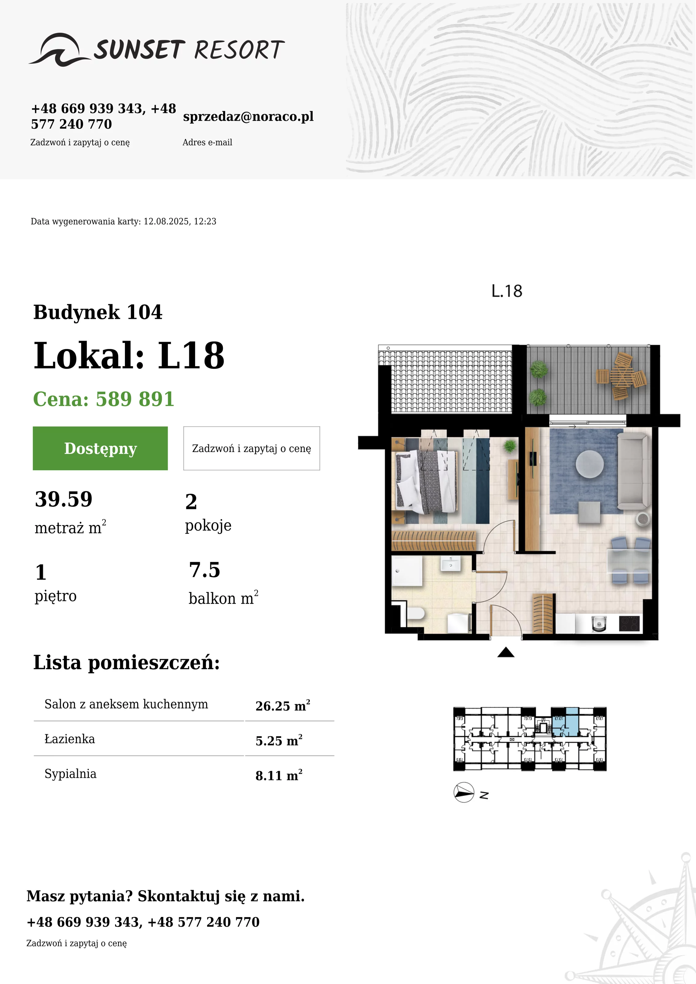 2 pokoje, apartament 39,59 m², piętro 1, oferta nr 104-L18, Sunset Resort, Grzybowo, ul. Nadmorska 106