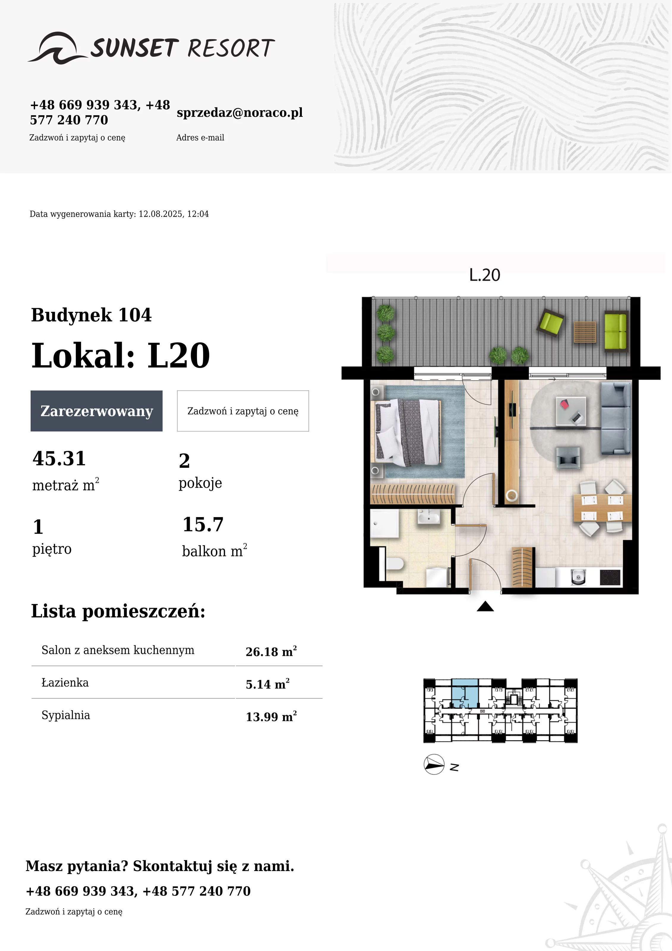 2 pokoje, apartament 45,31 m², piętro 1, oferta nr 104-L20, Sunset Resort, Grzybowo, ul. Nadmorska 106