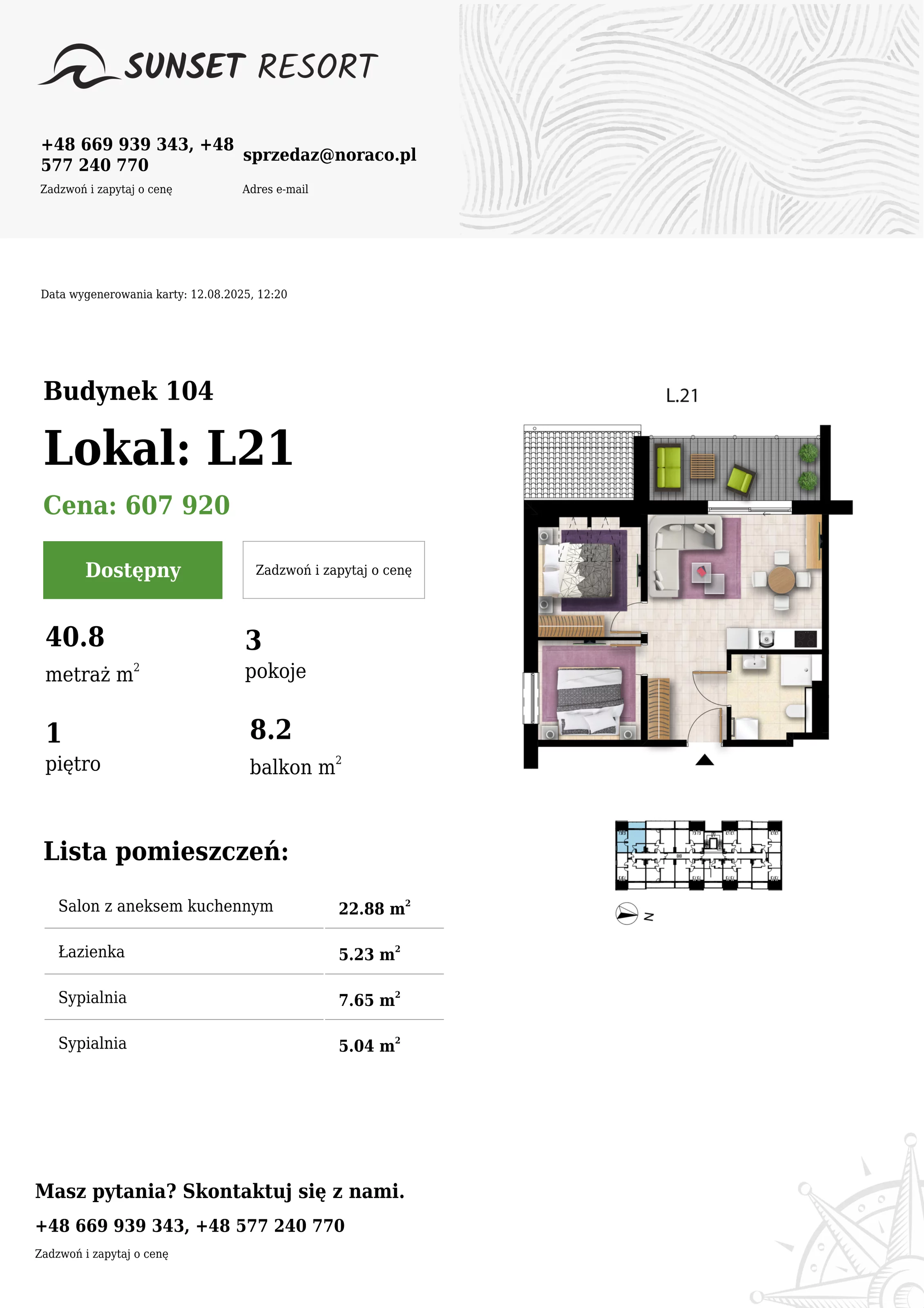 3 pokoje, apartament 40,80 m², piętro 1, oferta nr 104-L21, Sunset Resort, Grzybowo, ul. Nadmorska 106