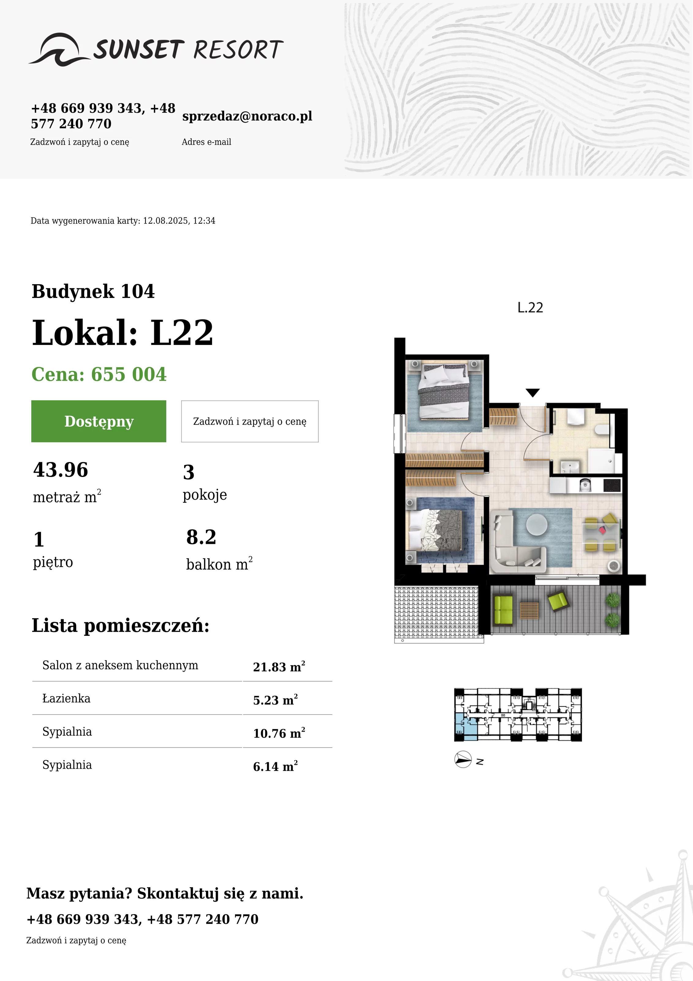 3 pokoje, apartament 43,96 m², piętro 1, oferta nr 104-L22, Sunset Resort, Grzybowo, ul. Nadmorska 106