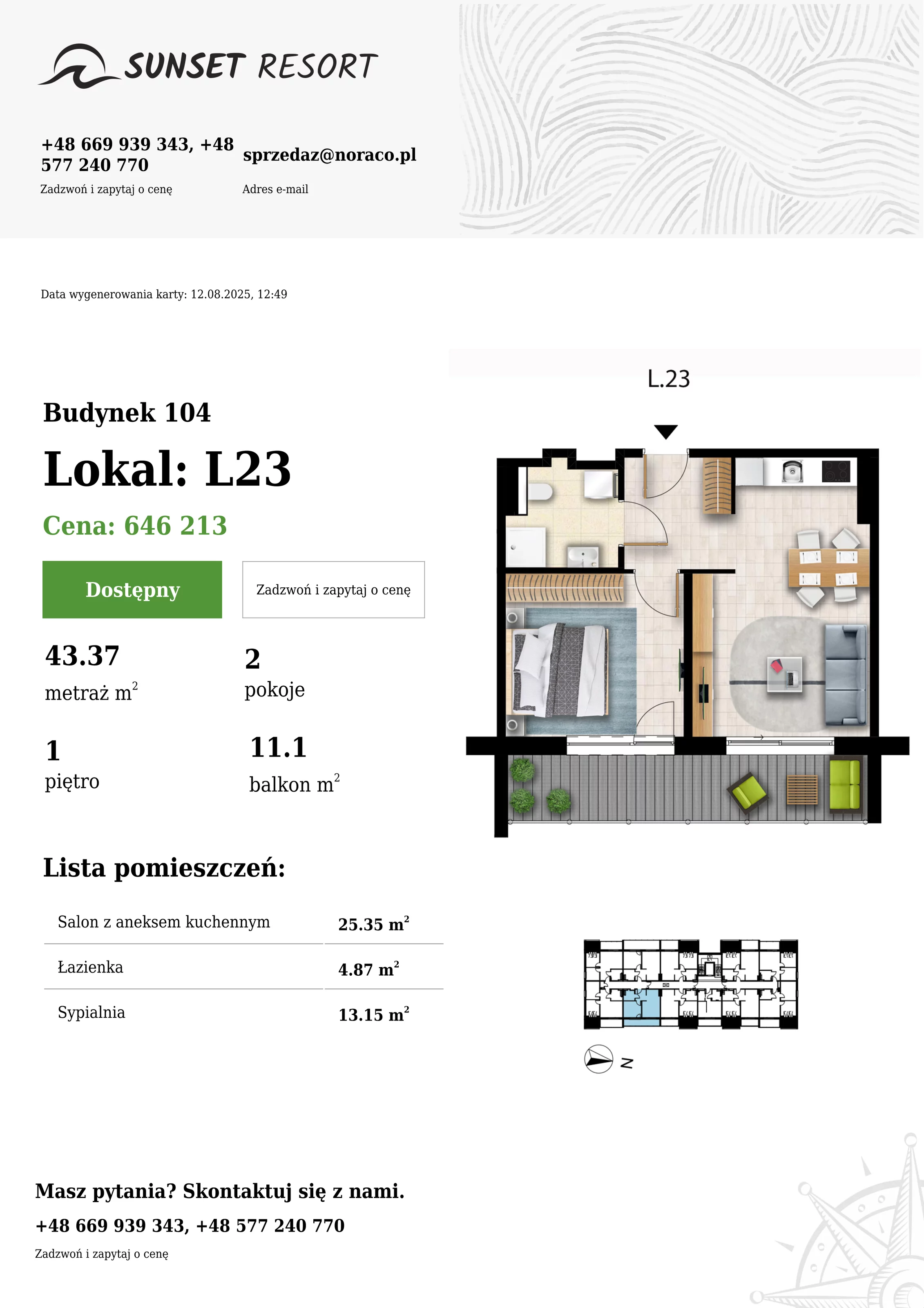 2 pokoje, apartament 43,37 m², piętro 1, oferta nr 104-L23, Sunset Resort, Grzybowo, ul. Nadmorska 106