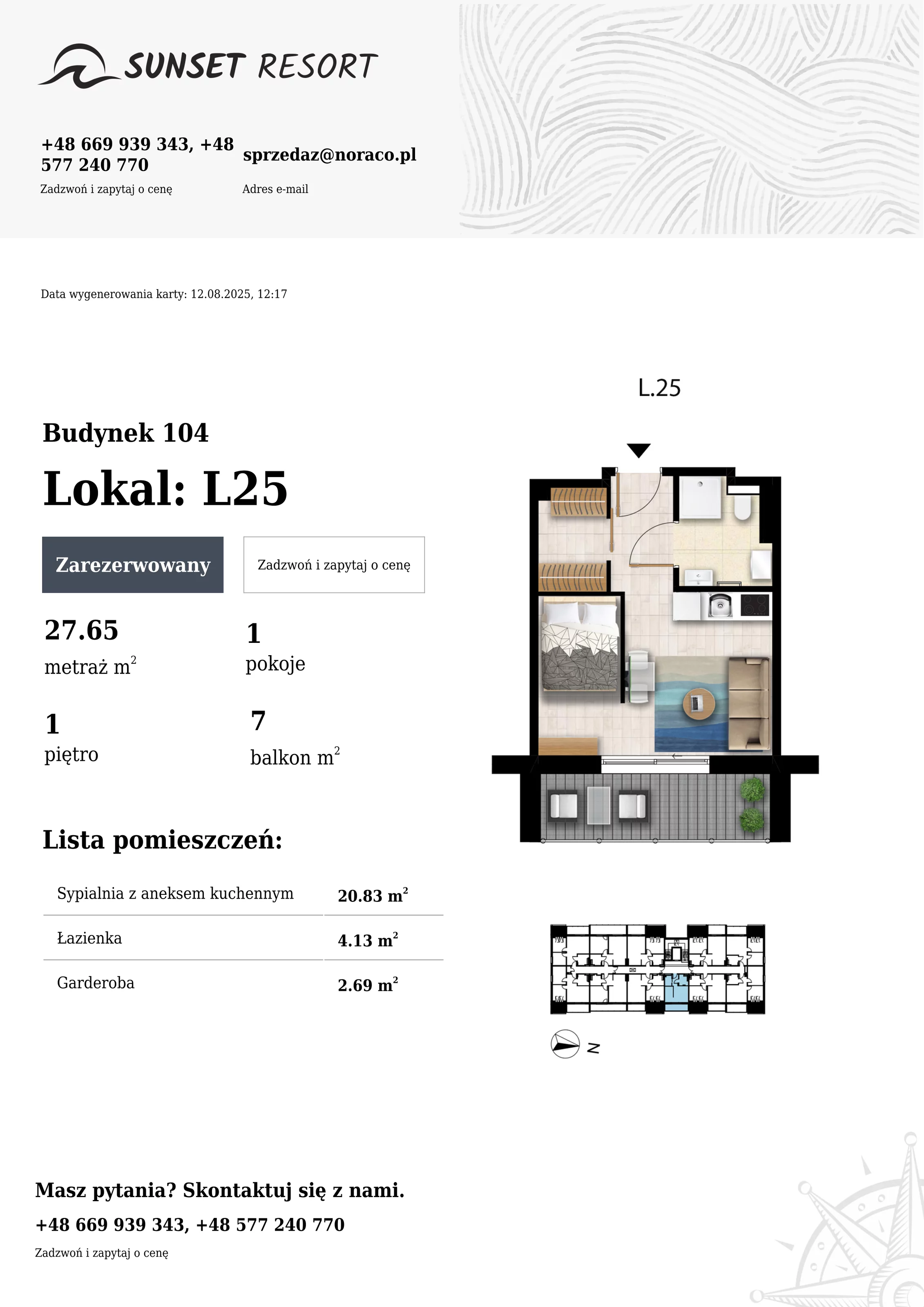 1 pokój, apartament 27,65 m², piętro 1, oferta nr 104-L25, Sunset Resort, Grzybowo, ul. Nadmorska 106