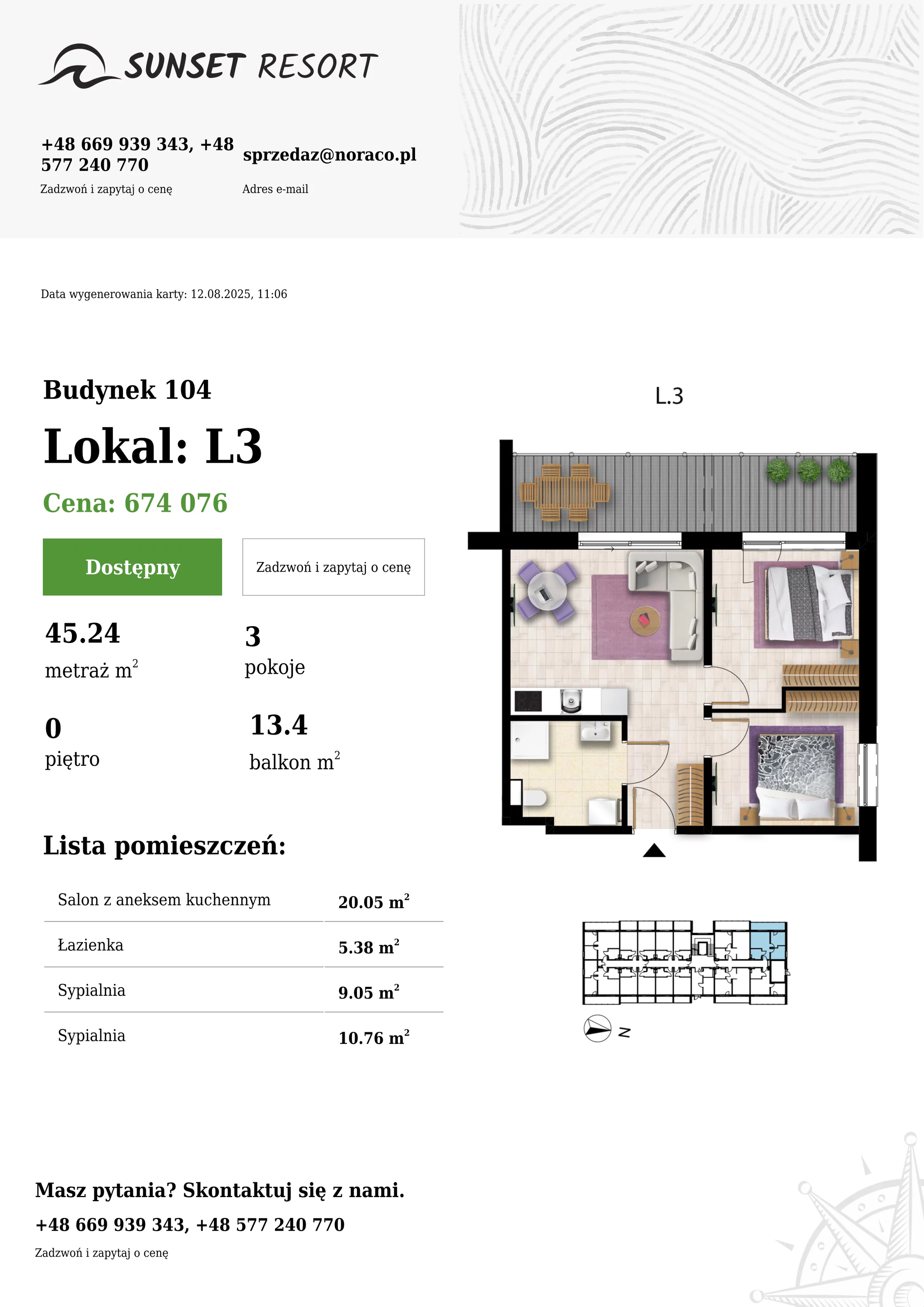 3 pokoje, apartament 45,24 m², parter, oferta nr 104-L3, Sunset Resort, Grzybowo, ul. Nadmorska 106