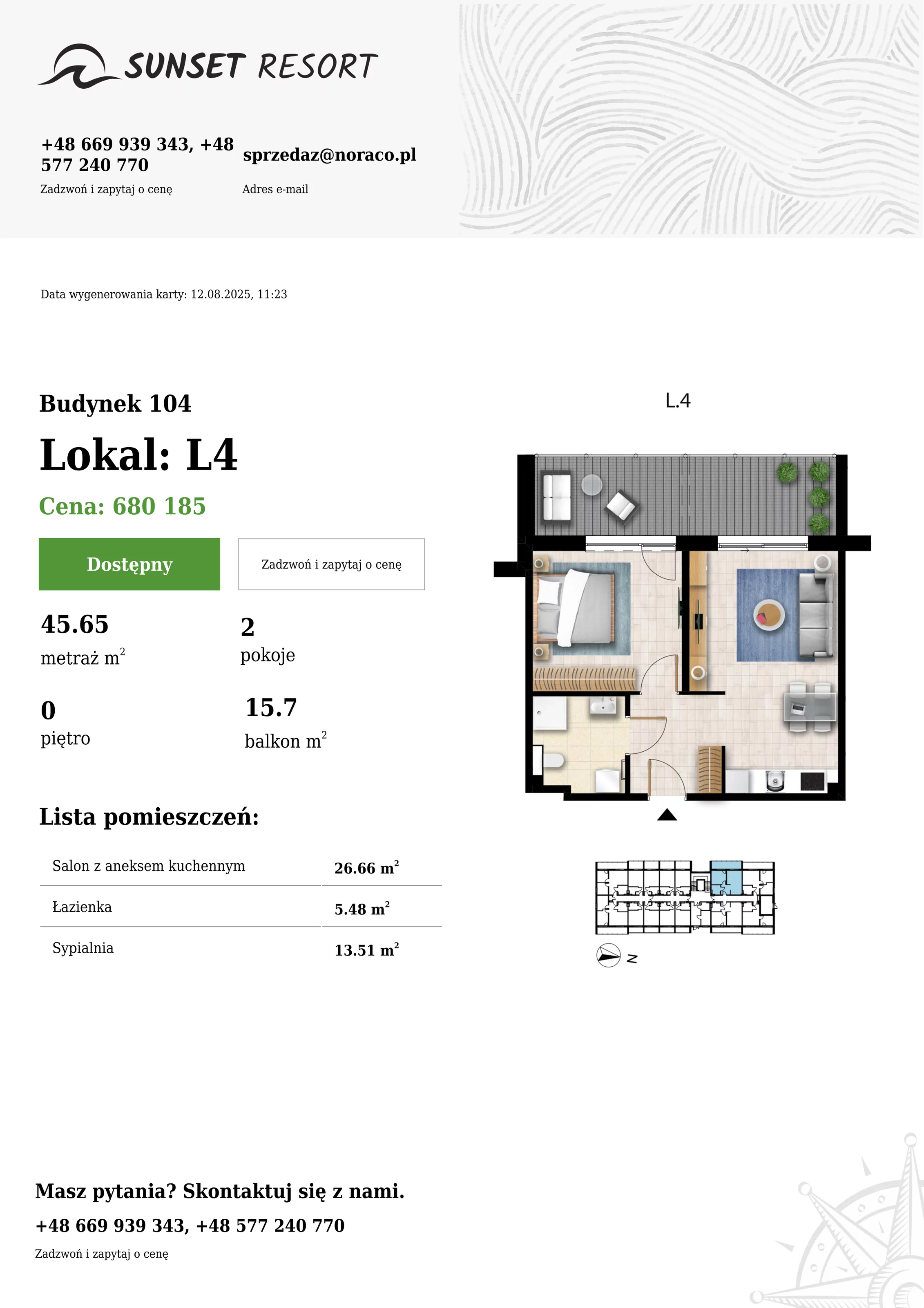 2 pokoje, apartament 45,65 m², parter, oferta nr 104-L4, Sunset Resort, Grzybowo, ul. Nadmorska 106