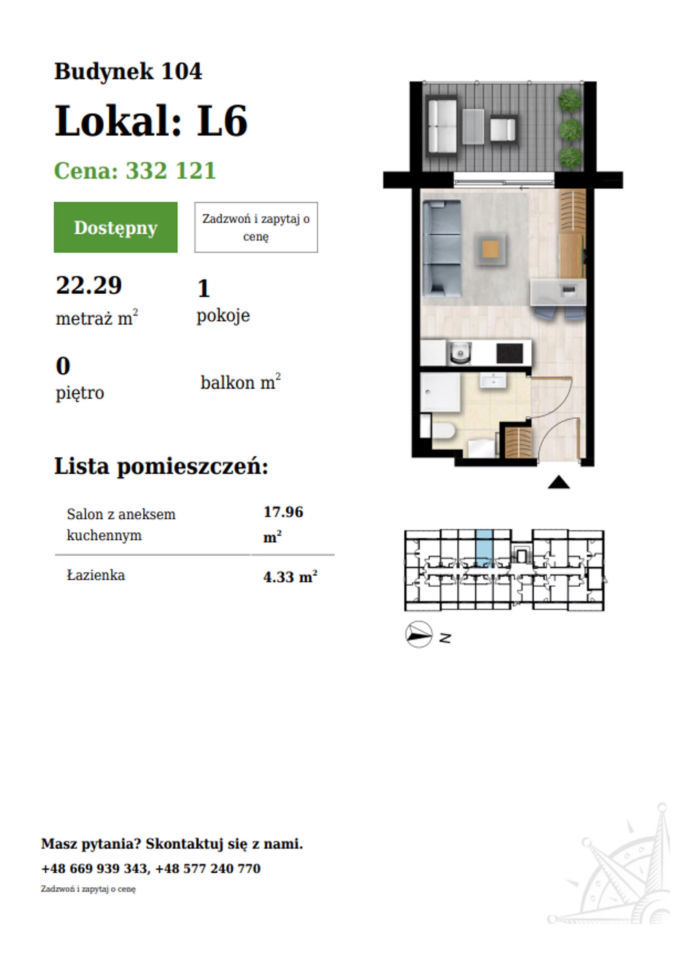 1 pokój, apartament 22,29 m², parter, oferta nr 104-L6, Sunset Resort, Grzybowo, ul. Nadmorska 106