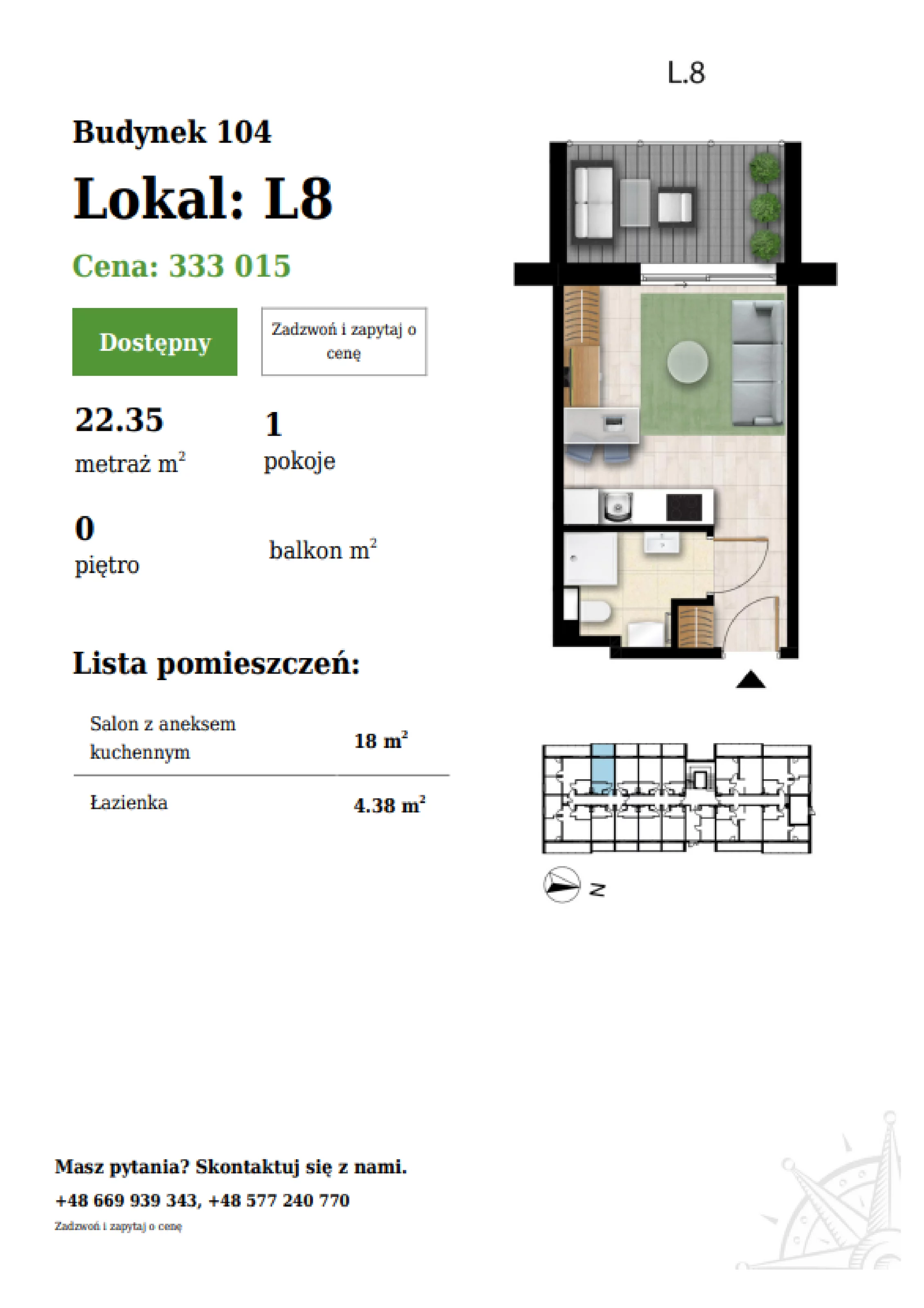 1 pokój, apartament 22,35 m², parter, oferta nr 104-L8, Sunset Resort, Grzybowo, ul. Nadmorska 106