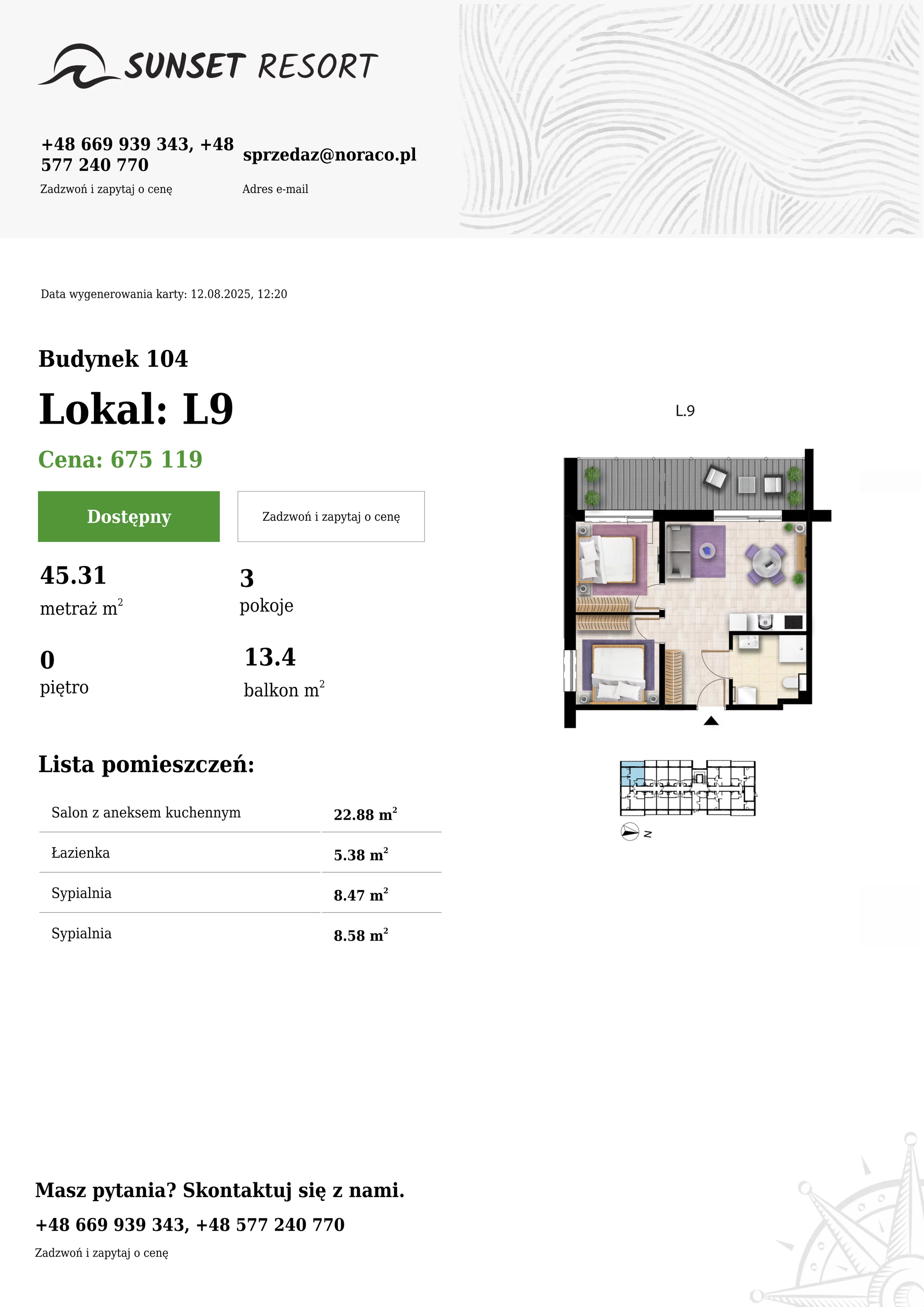3 pokoje, apartament 45,31 m², parter, oferta nr 104-L9, Sunset Resort, Grzybowo, ul. Nadmorska 106