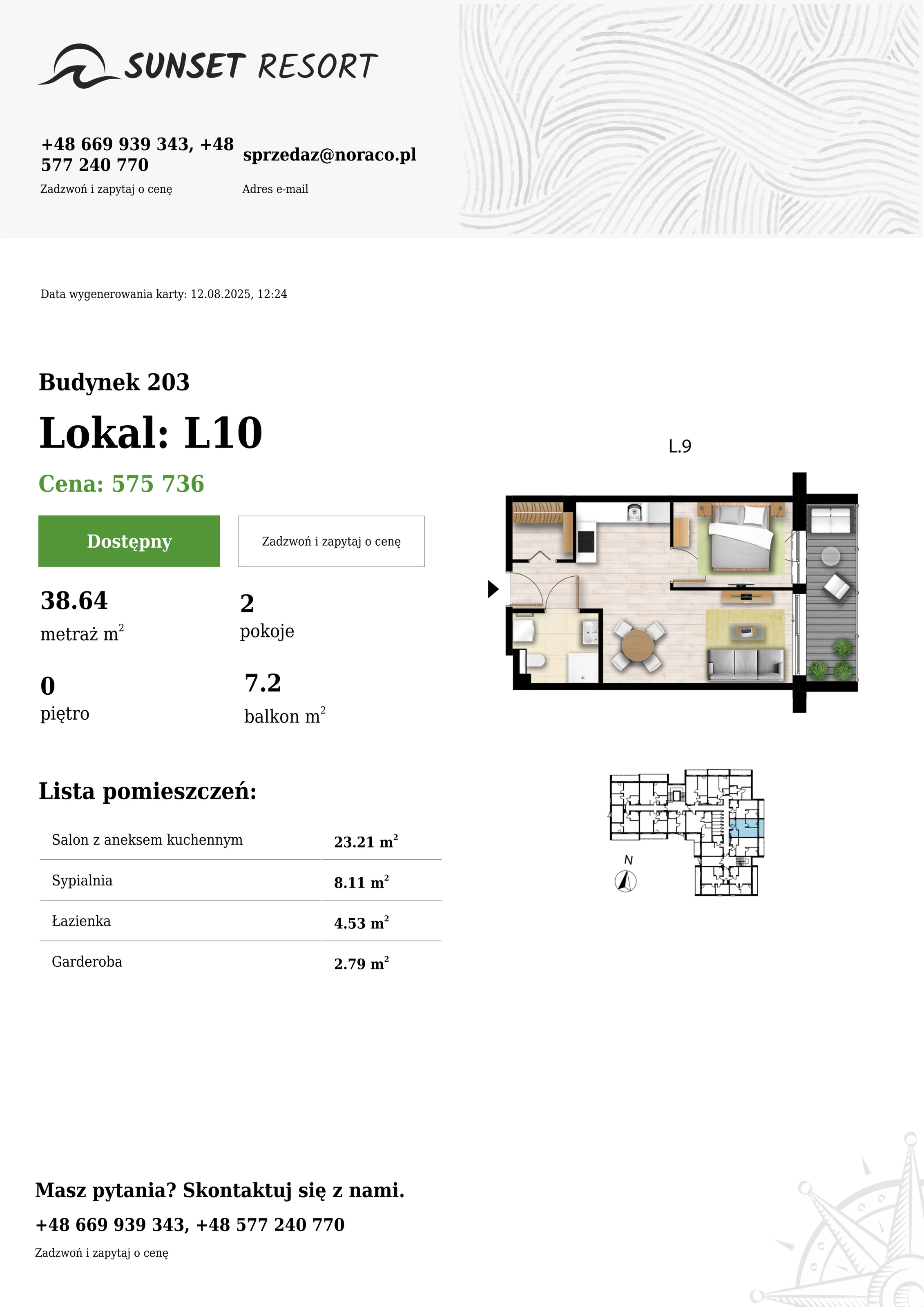 2 pokoje, apartament 38,64 m², parter, oferta nr 203-L10, Sunset Resort, Grzybowo, ul. Nadmorska 106