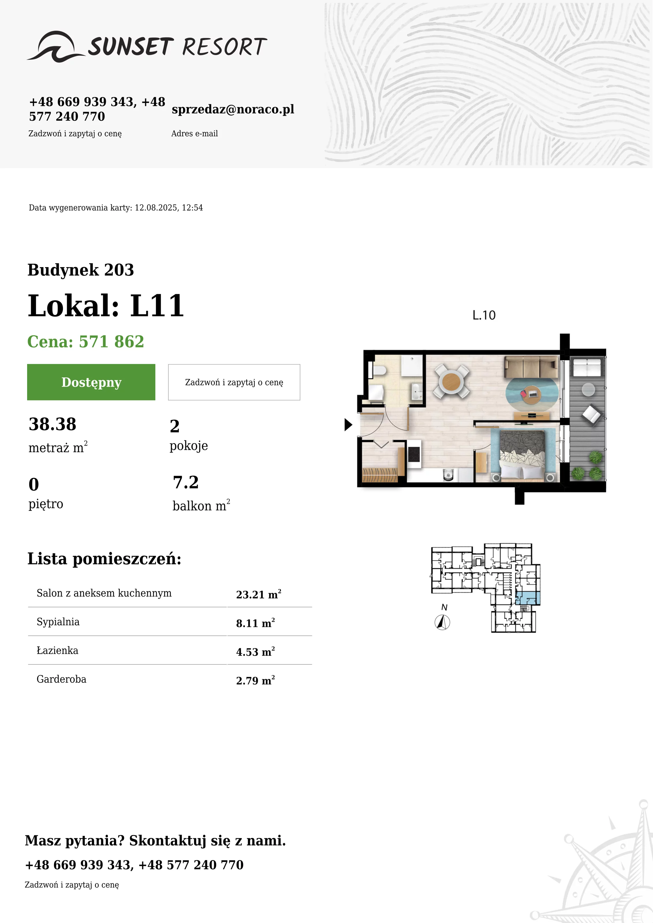 2 pokoje, apartament 38,38 m², parter, oferta nr 203-L11, Sunset Resort, Grzybowo, ul. Nadmorska 106