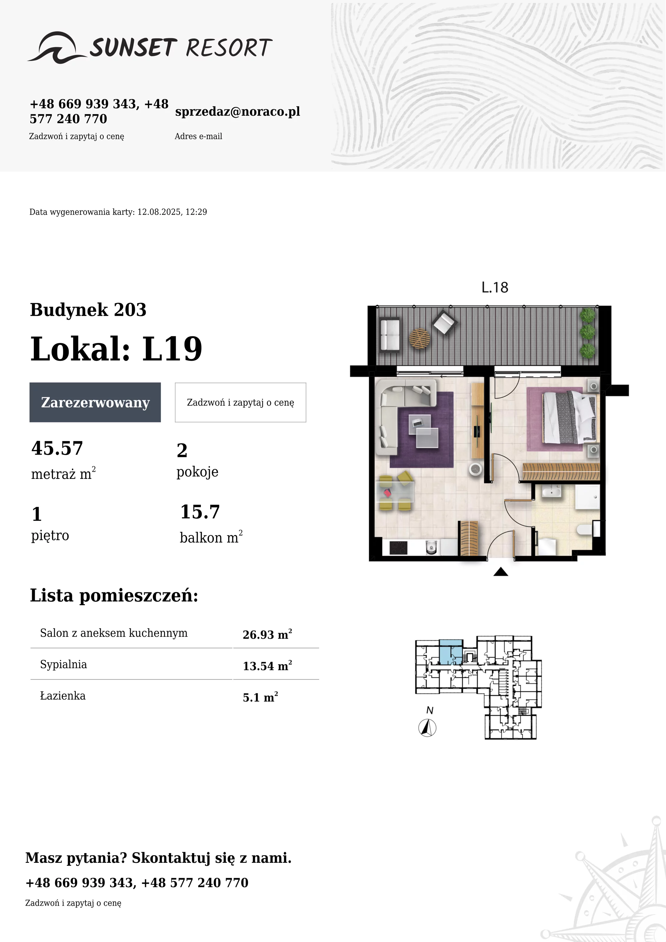 2 pokoje, apartament 45,57 m², piętro 1, oferta nr 203-L19, Sunset Resort, Grzybowo, ul. Nadmorska 106