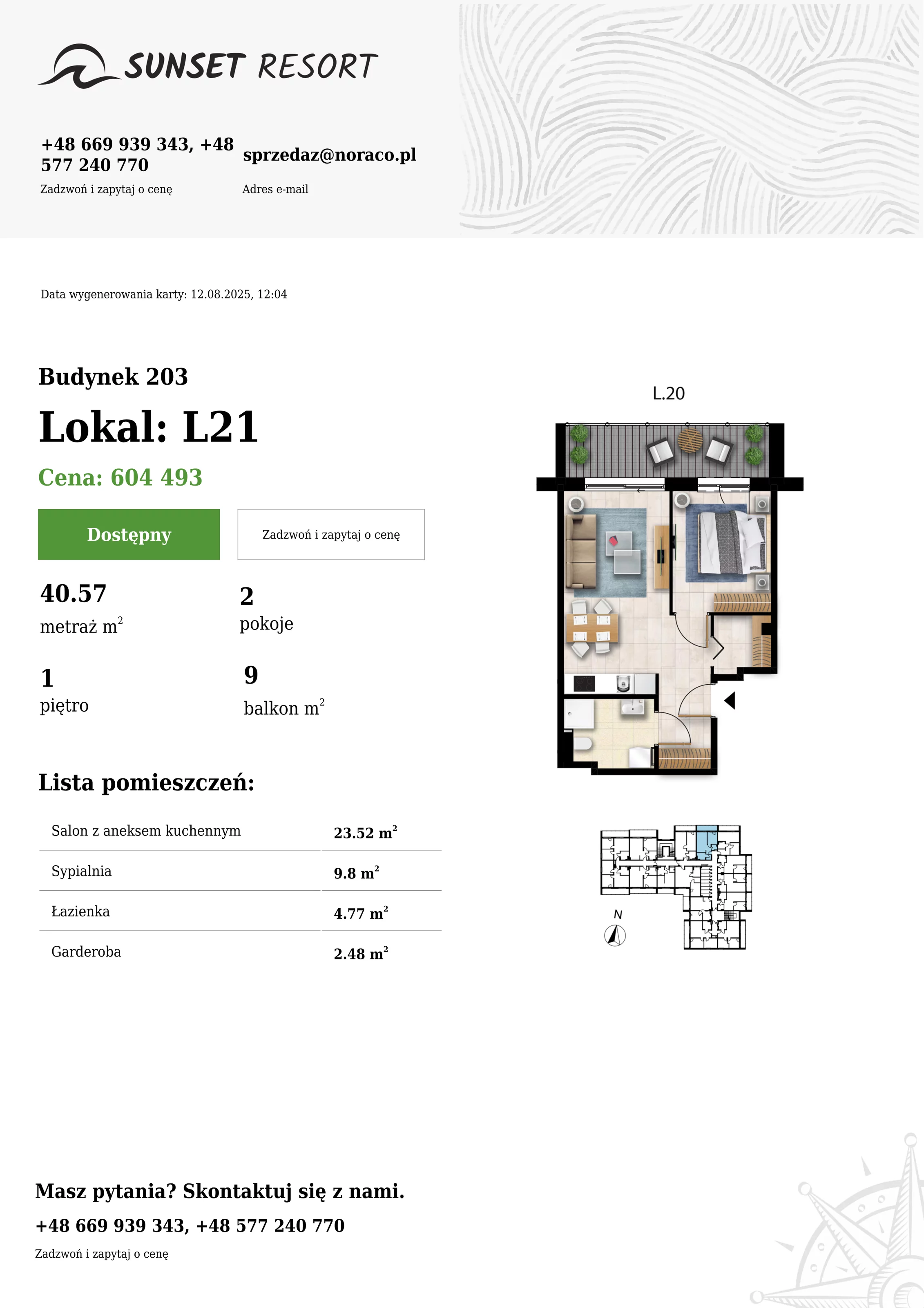 2 pokoje, apartament 40,57 m², piętro 1, oferta nr 203-L21, Sunset Resort, Grzybowo, ul. Nadmorska 106