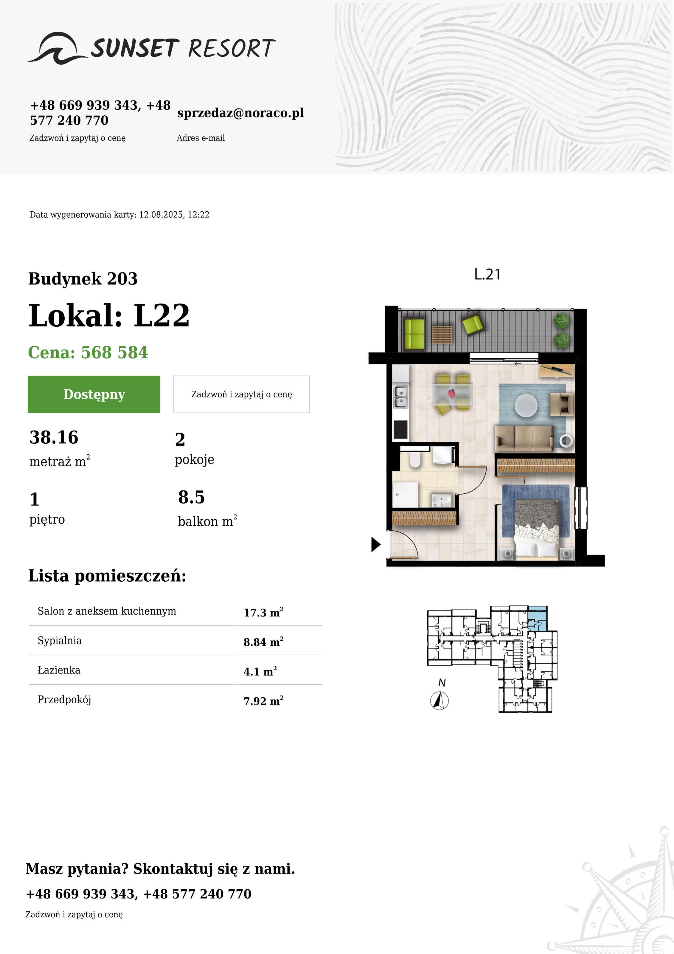 2 pokoje, apartament 38,16 m², piętro 1, oferta nr 203-L22, Sunset Resort, Grzybowo, ul. Nadmorska 106