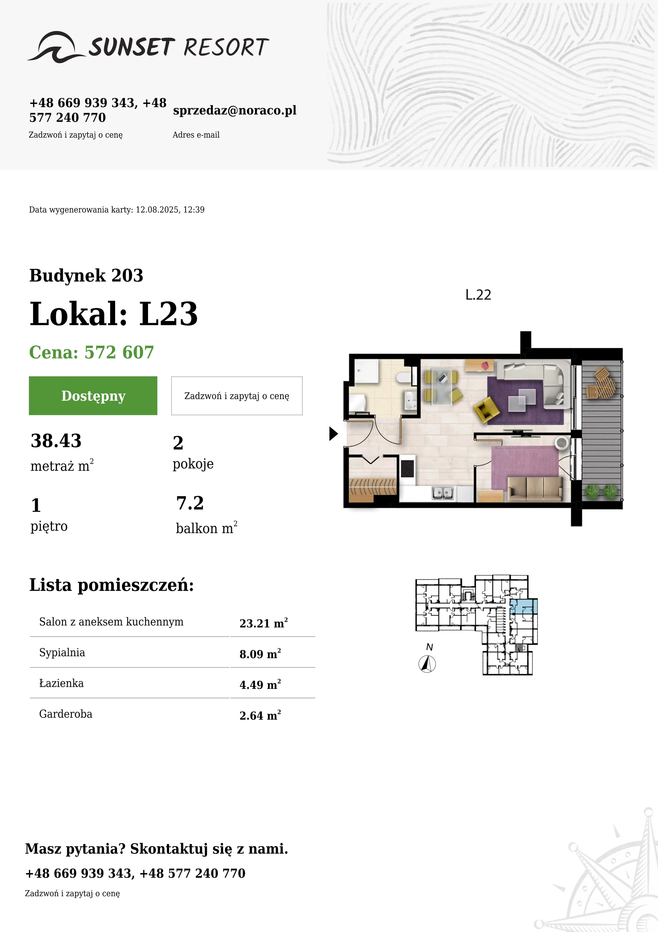 2 pokoje, apartament 38,43 m², piętro 1, oferta nr 203-L23, Sunset Resort, Grzybowo, ul. Nadmorska 106