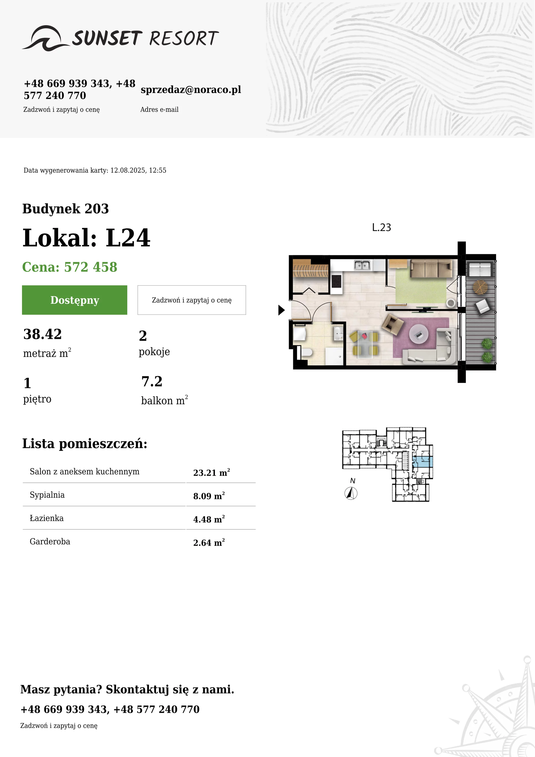 2 pokoje, apartament 38,42 m², piętro 1, oferta nr 203-L24, Sunset Resort, Grzybowo, ul. Nadmorska 106