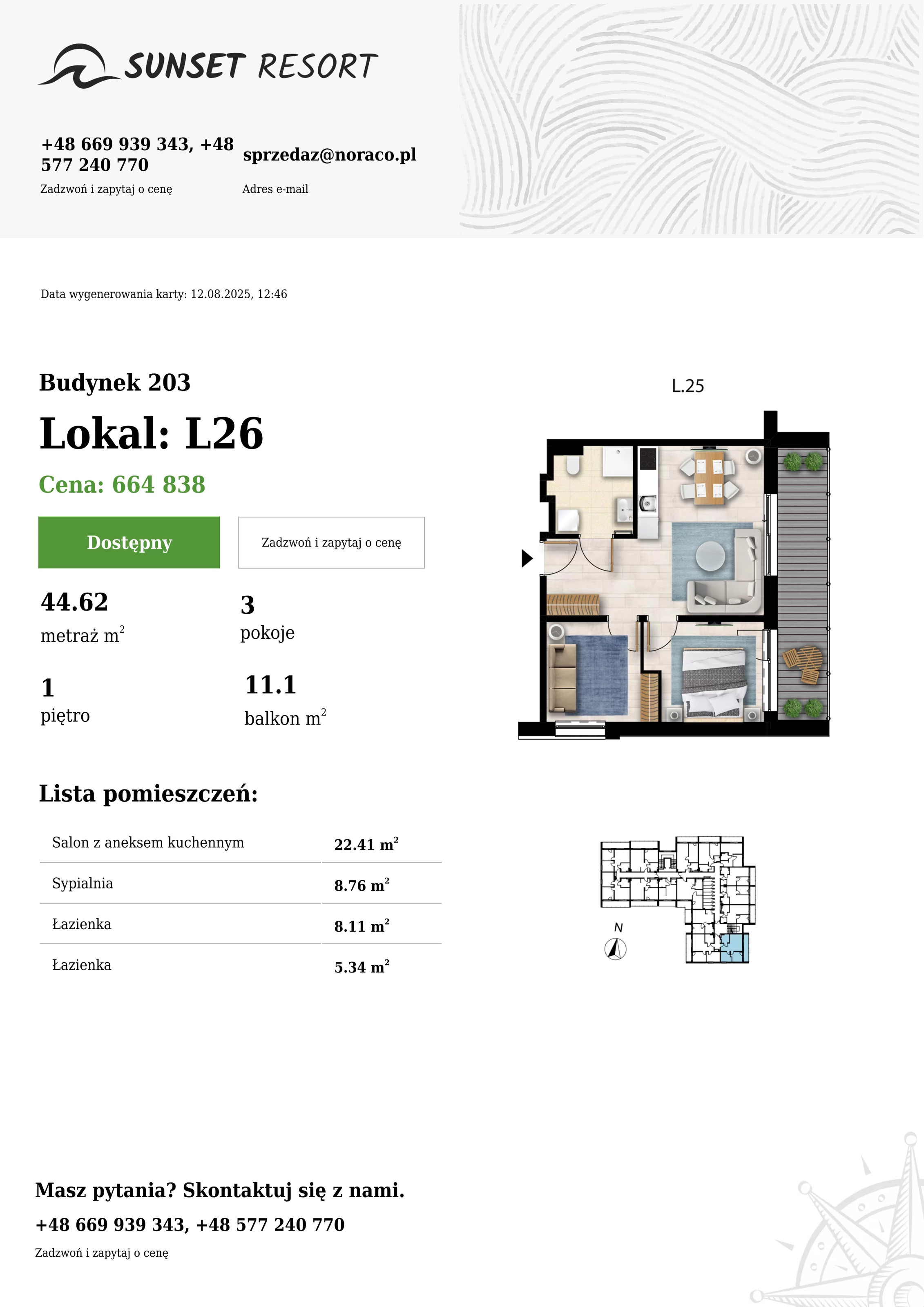 3 pokoje, apartament 44,62 m², piętro 1, oferta nr 203-L26, Sunset Resort, Grzybowo, ul. Nadmorska 106