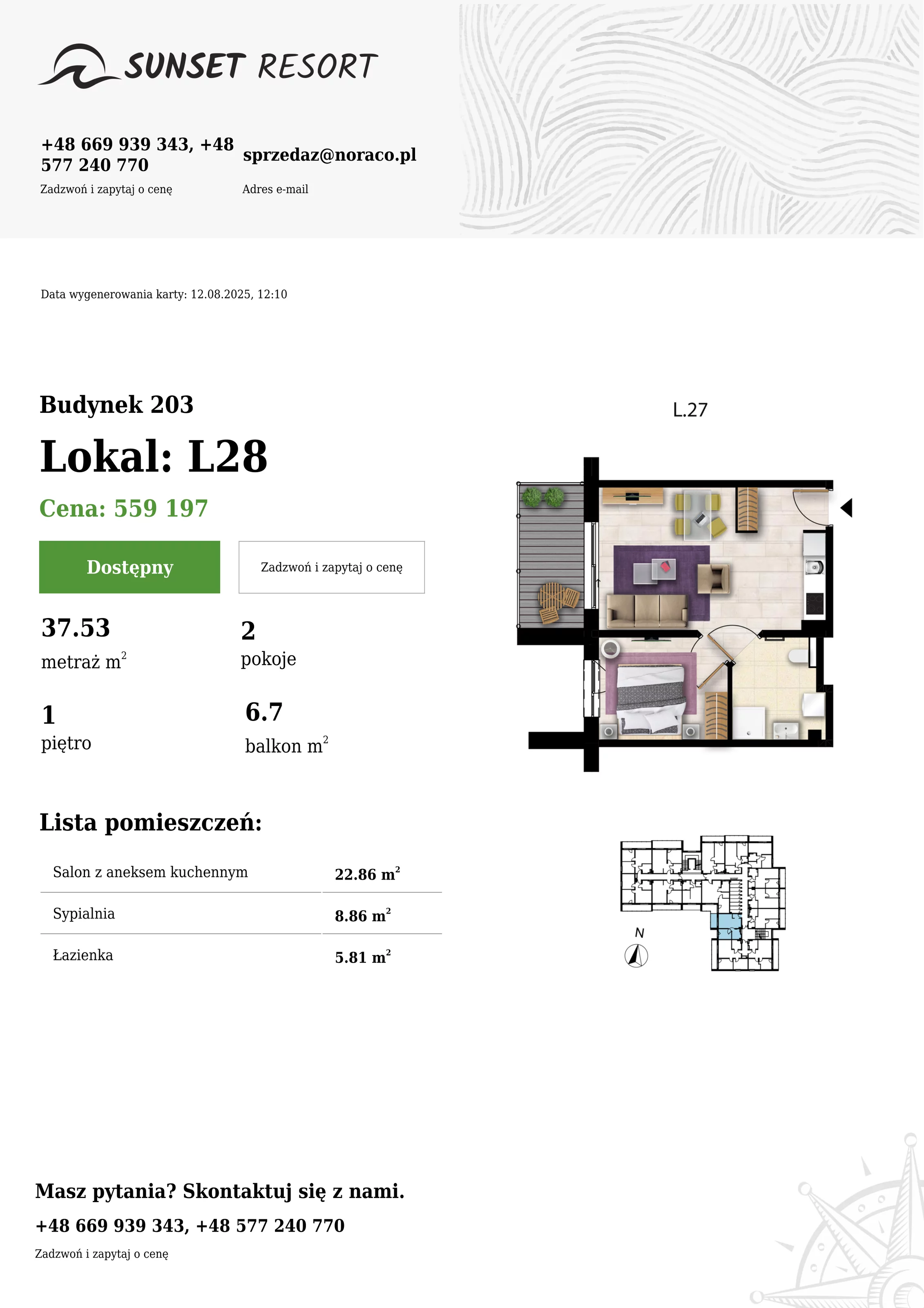2 pokoje, apartament 37,53 m², piętro 1, oferta nr 203-L28, Sunset Resort, Grzybowo, ul. Nadmorska 106