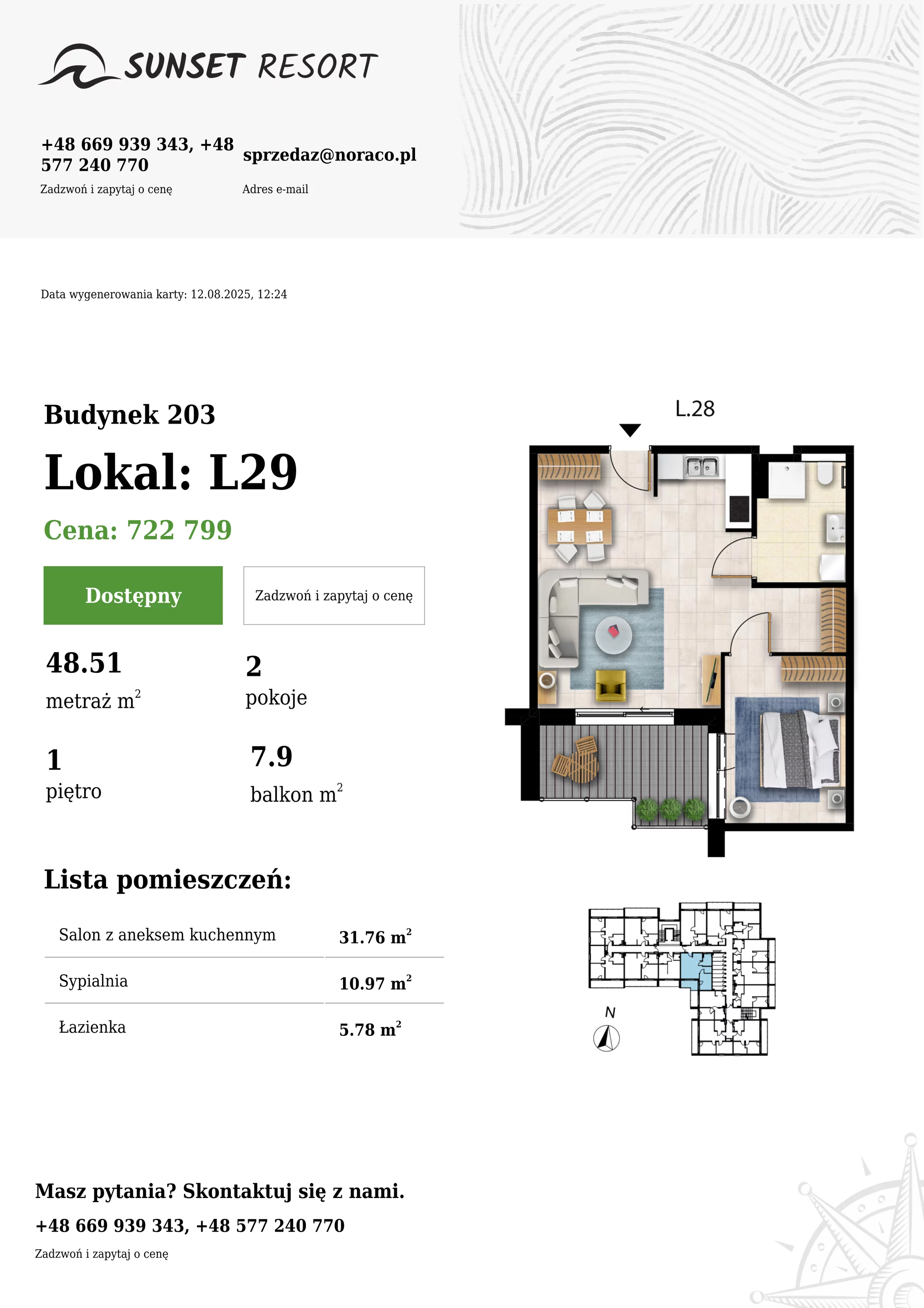 2 pokoje, apartament 48,51 m², piętro 1, oferta nr 203-L29, Sunset Resort, Grzybowo, ul. Nadmorska 106
