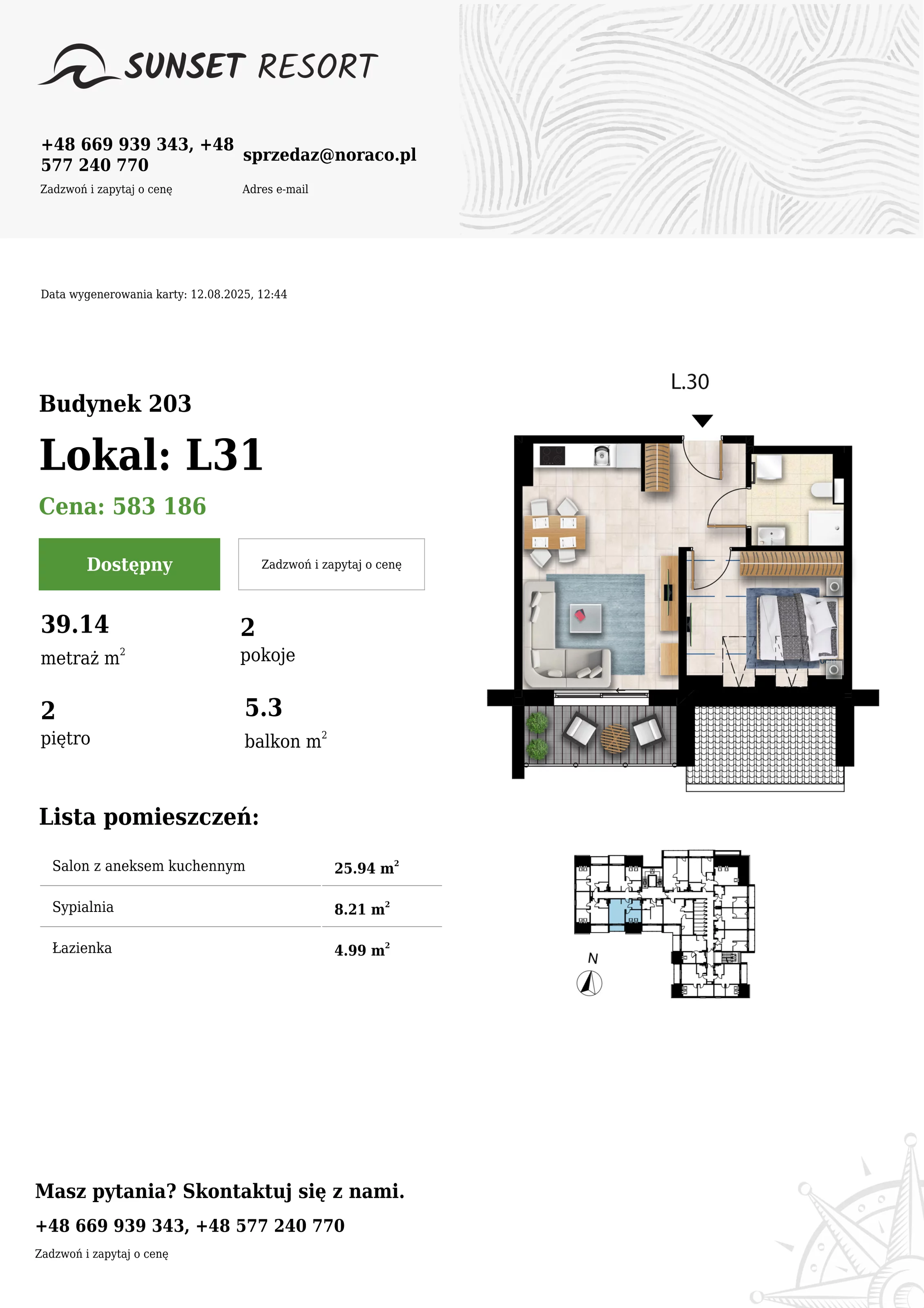 2 pokoje, apartament 39,14 m², piętro 2, oferta nr 203-L31, Sunset Resort, Grzybowo, ul. Nadmorska 106
