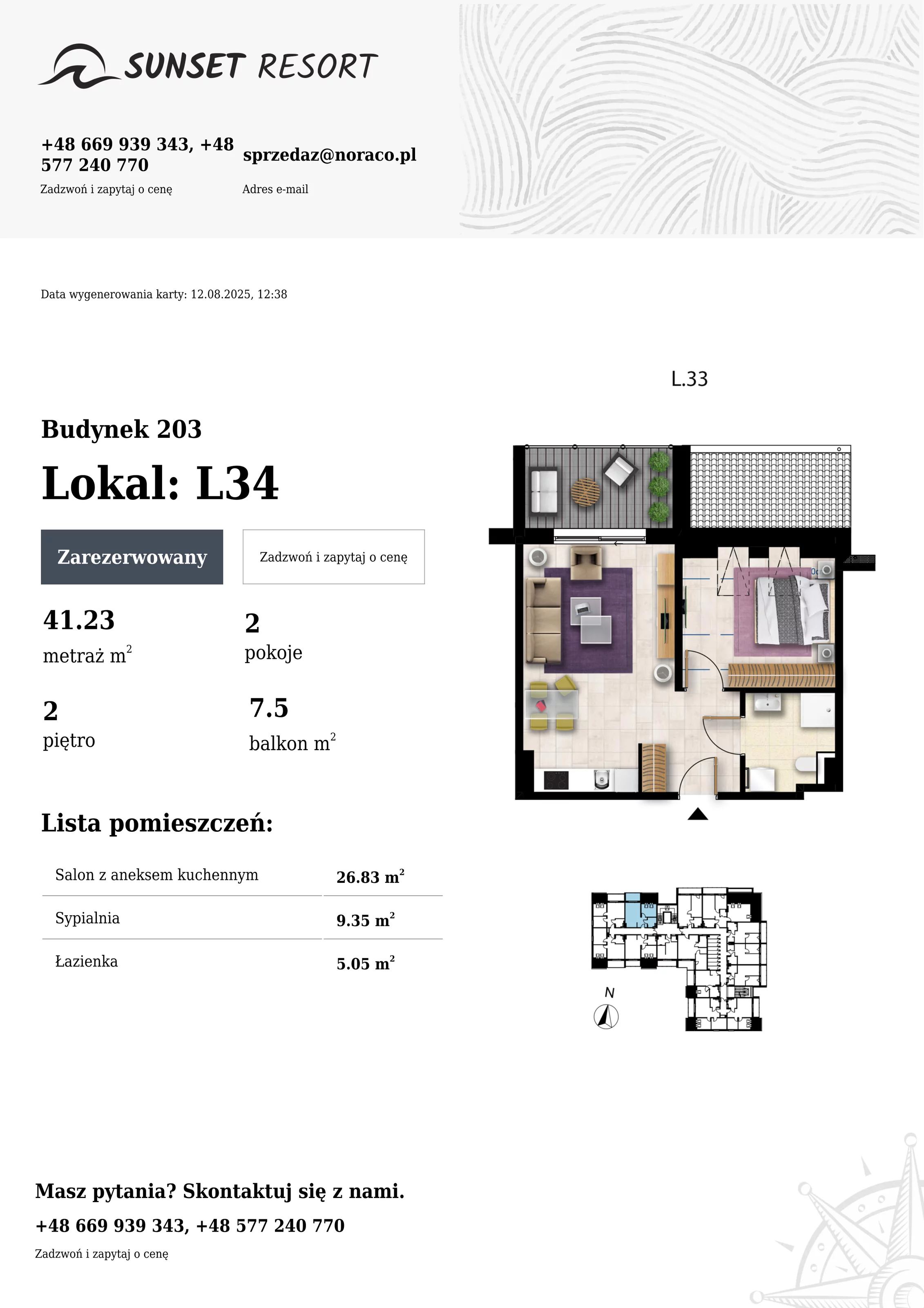 2 pokoje, apartament 41,23 m², piętro 2, oferta nr 203-L34, Sunset Resort, Grzybowo, ul. Nadmorska 106