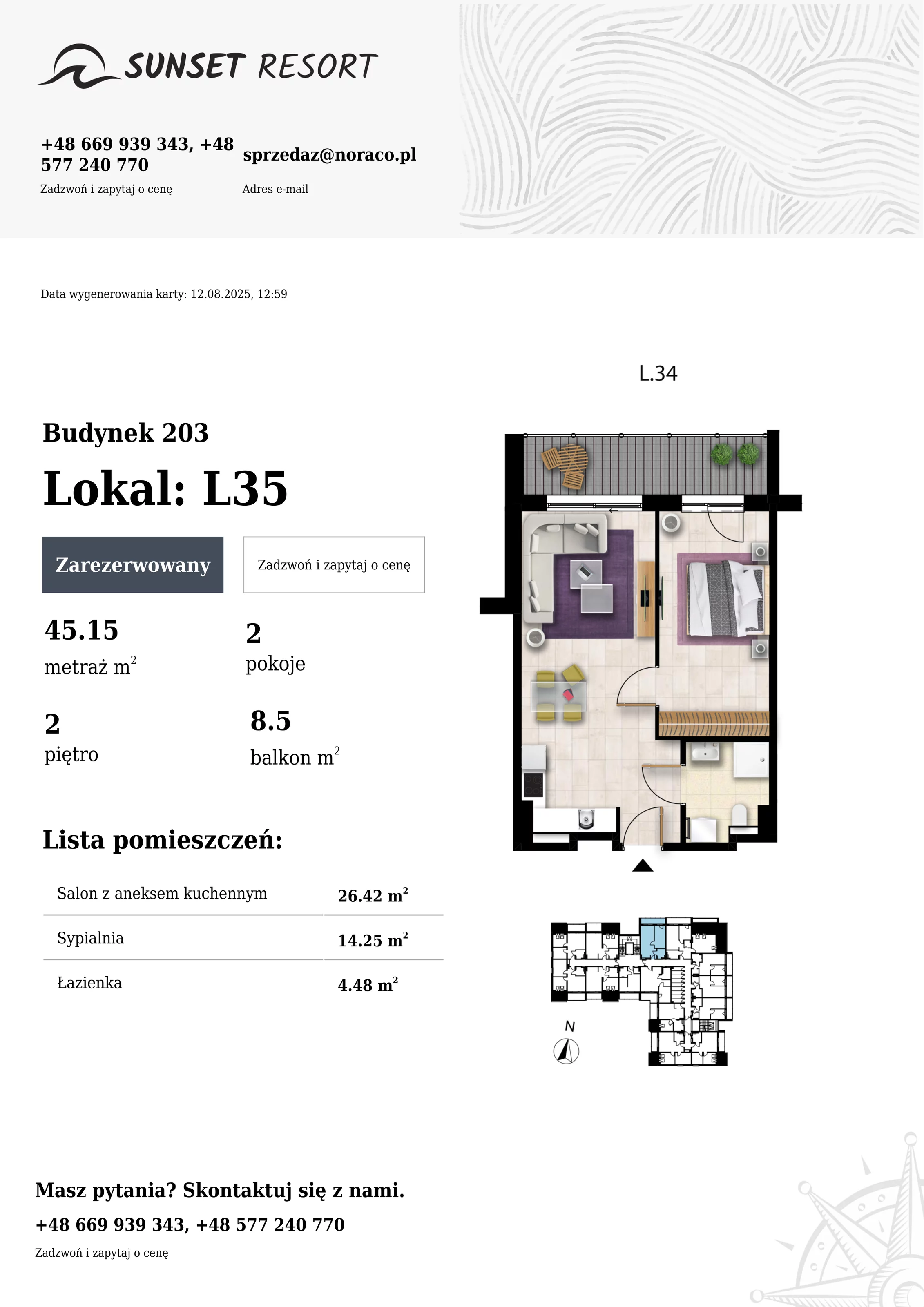 2 pokoje, apartament 45,15 m², piętro 2, oferta nr 203-L35, Sunset Resort, Grzybowo, ul. Nadmorska 106