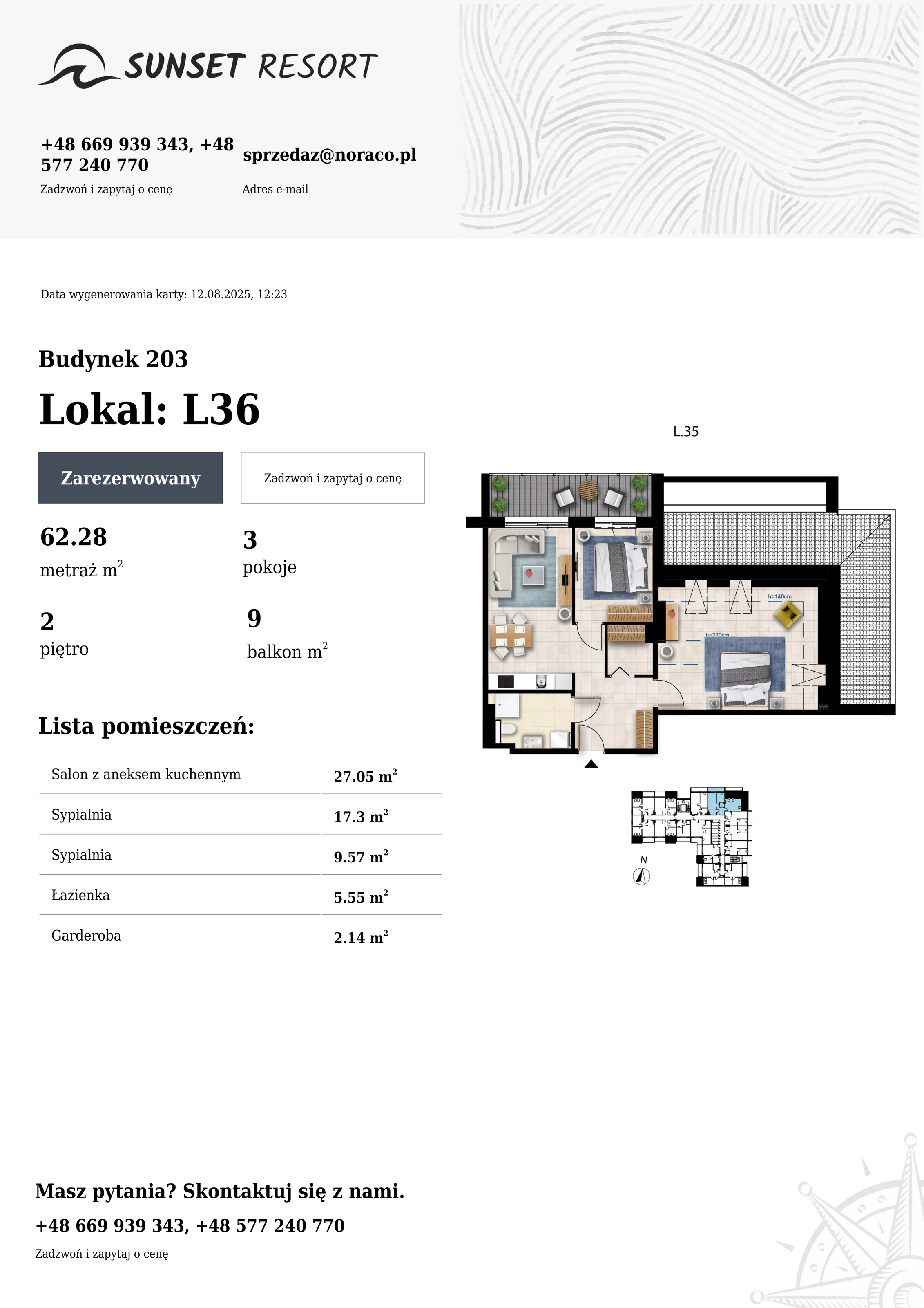 3 pokoje, apartament 62,28 m², piętro 2, oferta nr 203-L36, Sunset Resort, Grzybowo, ul. Nadmorska 106