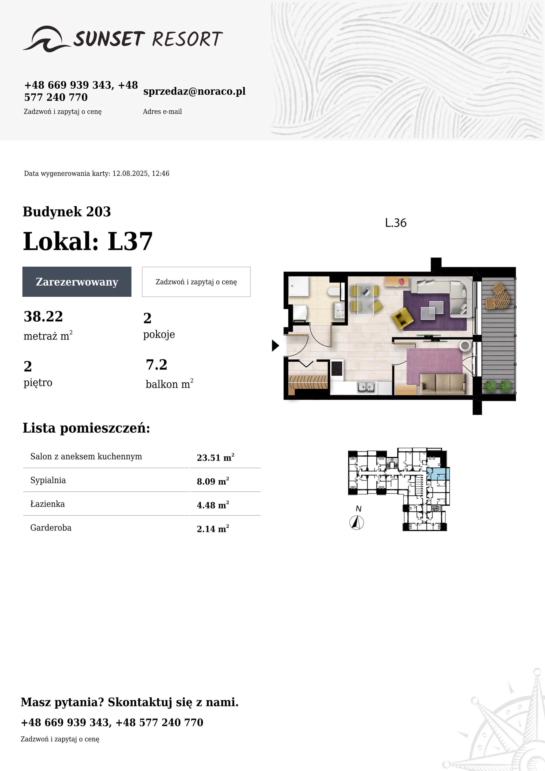 2 pokoje, apartament 38,22 m², piętro 2, oferta nr 203-L37, Sunset Resort, Grzybowo, ul. Nadmorska 106