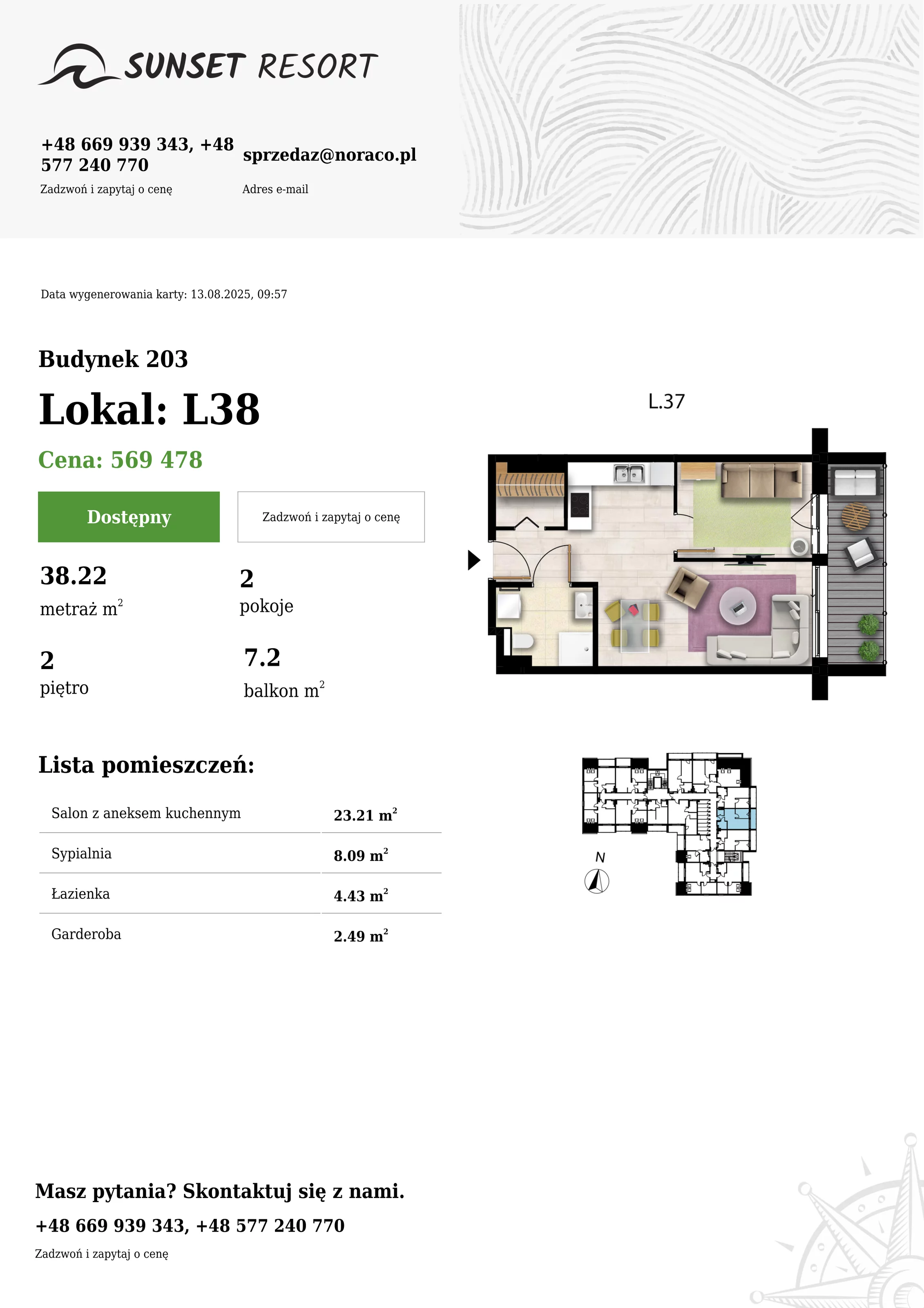 2 pokoje, apartament 38,22 m², piętro 2, oferta nr 203-L38, Sunset Resort, Grzybowo, ul. Nadmorska 106