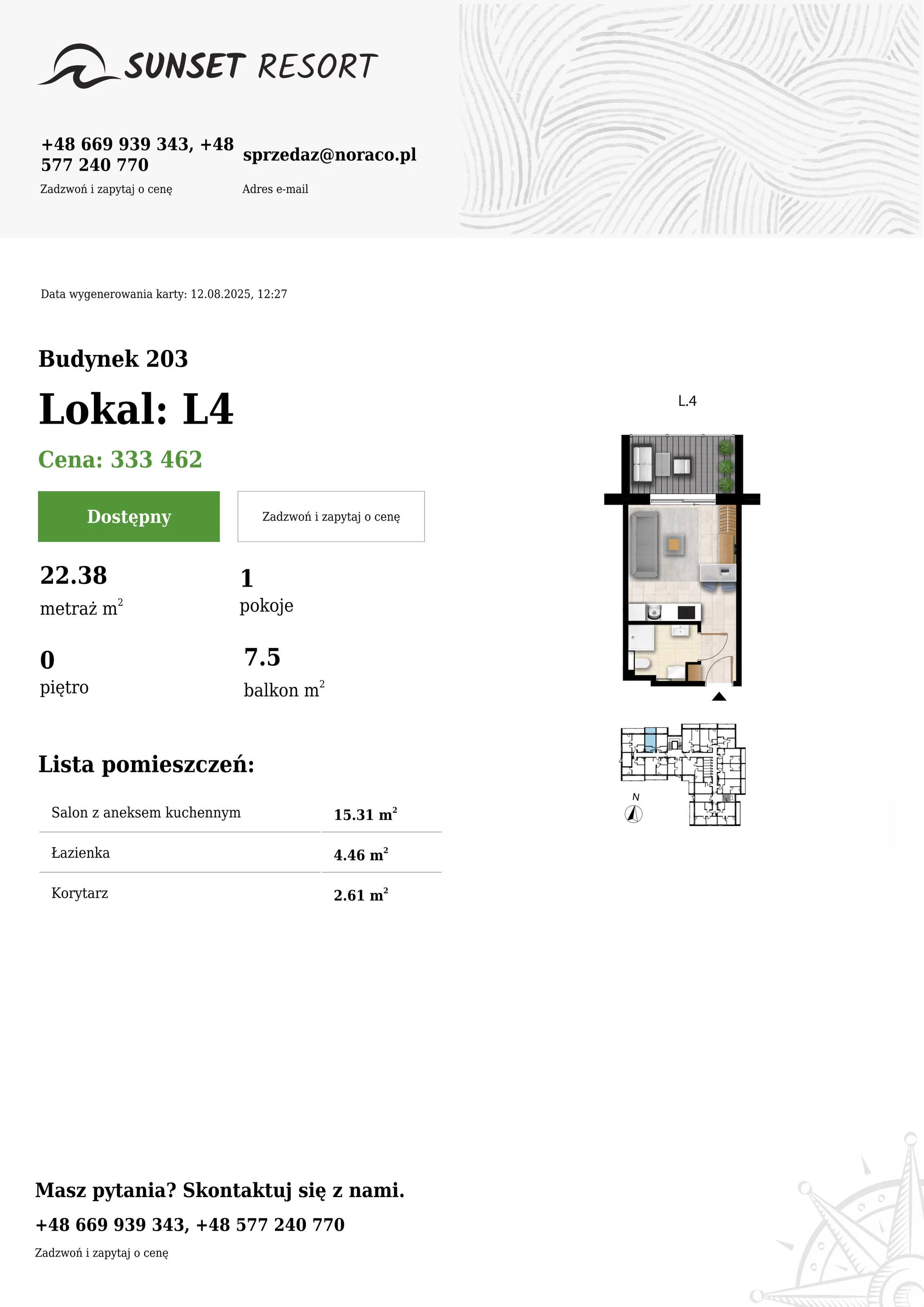 1 pokój, apartament 22,38 m², parter, oferta nr 203-L4, Sunset Resort, Grzybowo, ul. Nadmorska 106