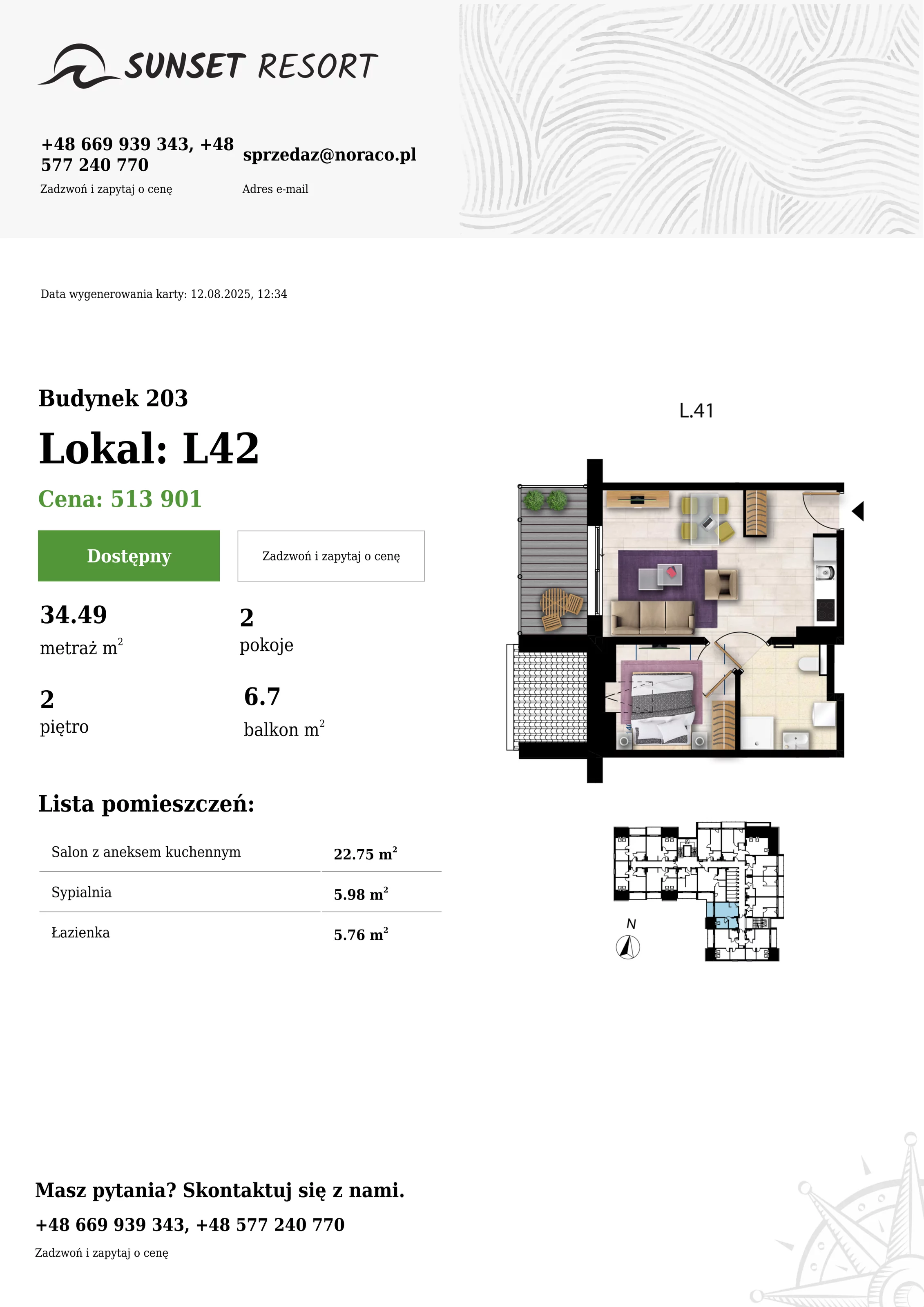 2 pokoje, apartament 34,49 m², piętro 2, oferta nr 203-L42, Sunset Resort, Grzybowo, ul. Nadmorska 106