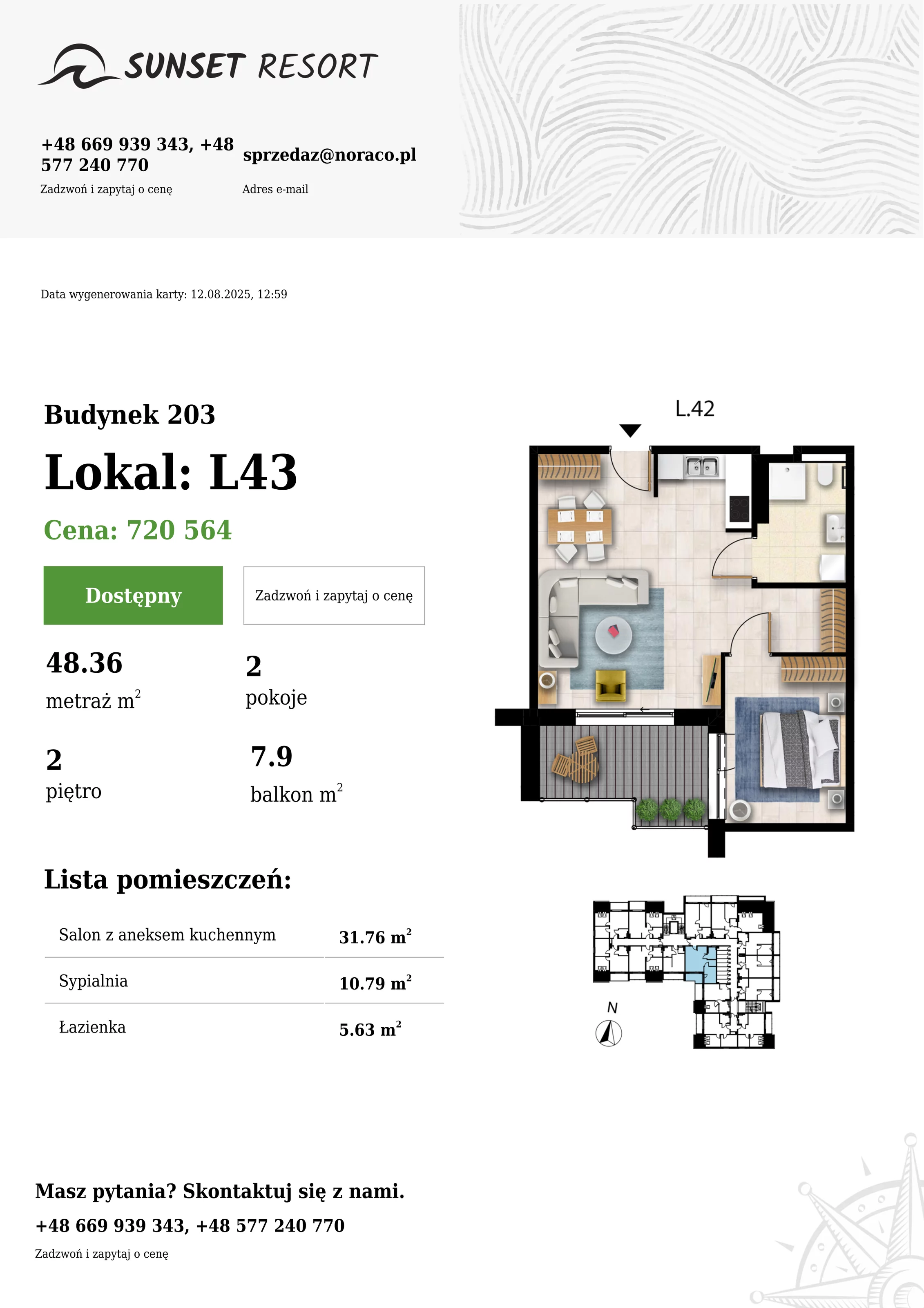 2 pokoje, apartament 48,36 m², piętro 2, oferta nr 203-L43, Sunset Resort, Grzybowo, ul. Nadmorska 106