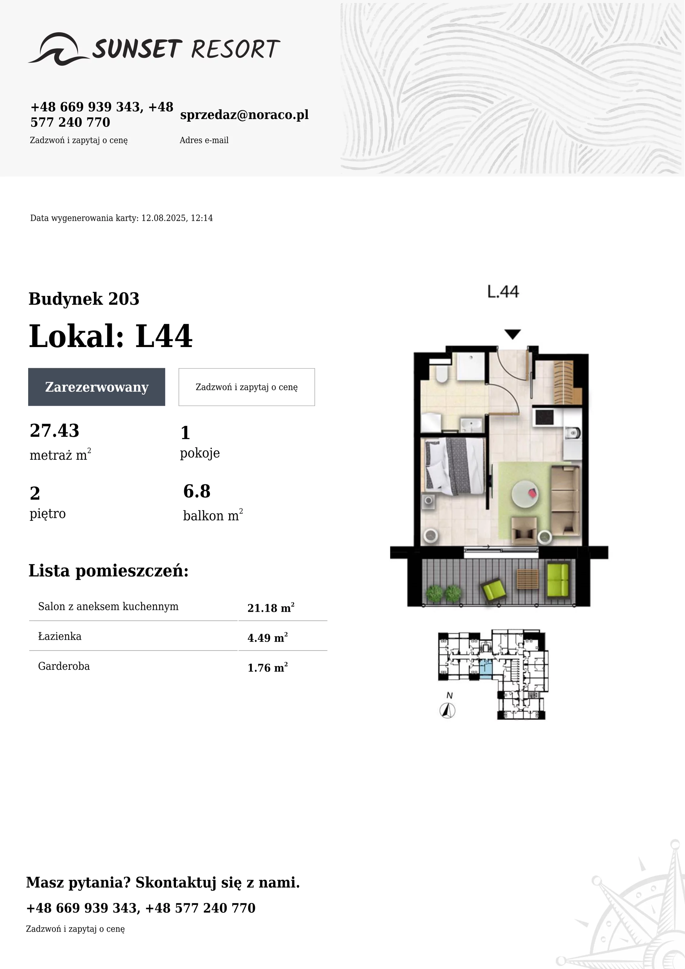 1 pokój, apartament 27,43 m², piętro 2, oferta nr 203-L44, Sunset Resort, Grzybowo, ul. Nadmorska 106