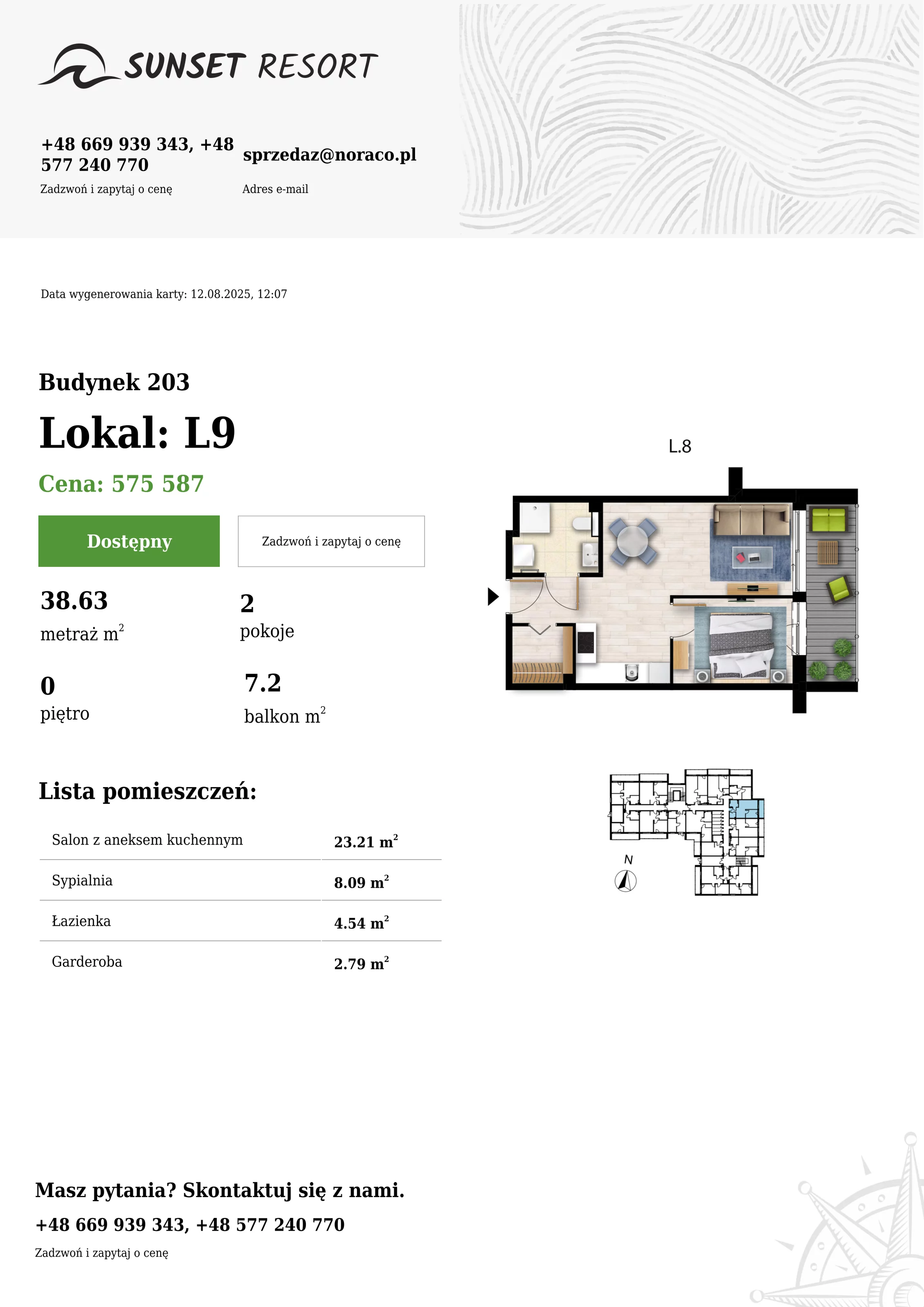2 pokoje, apartament 38,63 m², parter, oferta nr 203-L9, Sunset Resort, Grzybowo, ul. Nadmorska 106