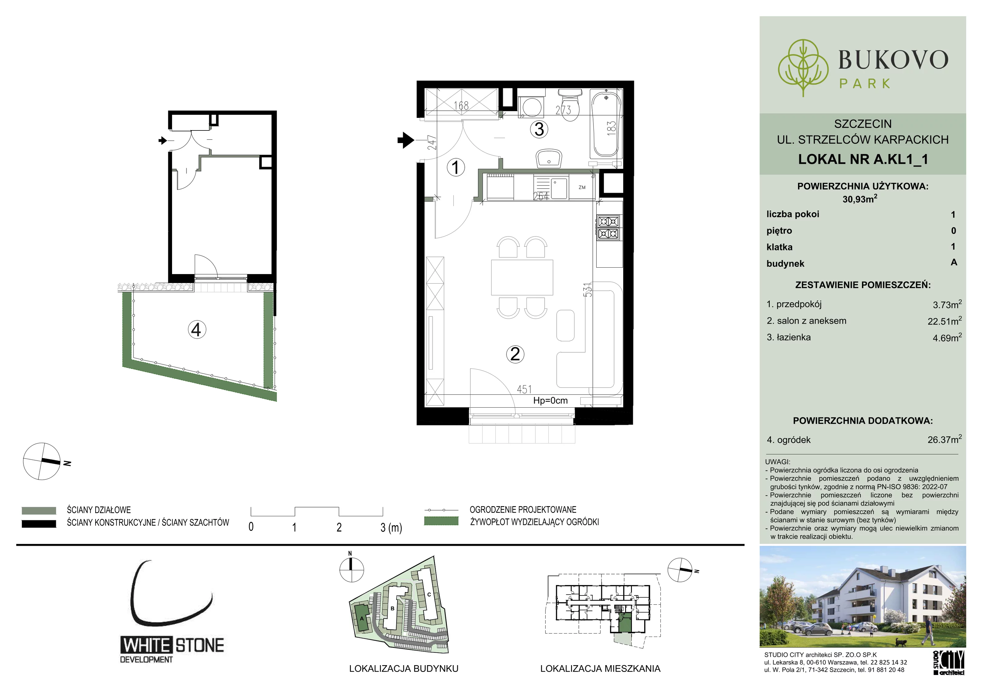 1 pokój, mieszkanie 30,93 m², parter, oferta nr A_1_01, Bukovo Park, Szczecin, Północ, Bukowo, ul. Strzelców Karpackich