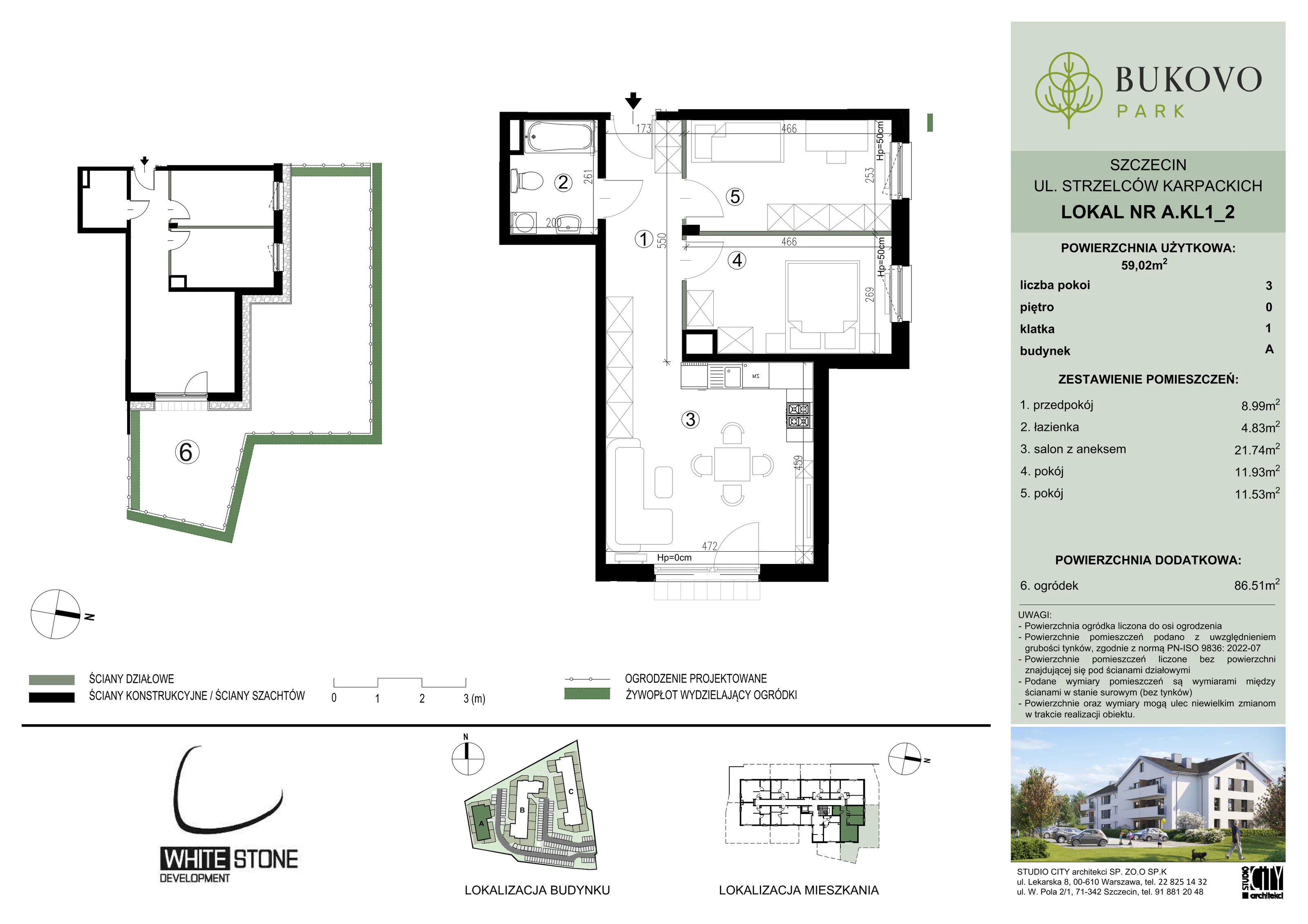 3 pokoje, mieszkanie 59,02 m², parter, oferta nr A_1_02, Bukovo Park, Szczecin, Północ, Bukowo, ul. Strzelców Karpackich