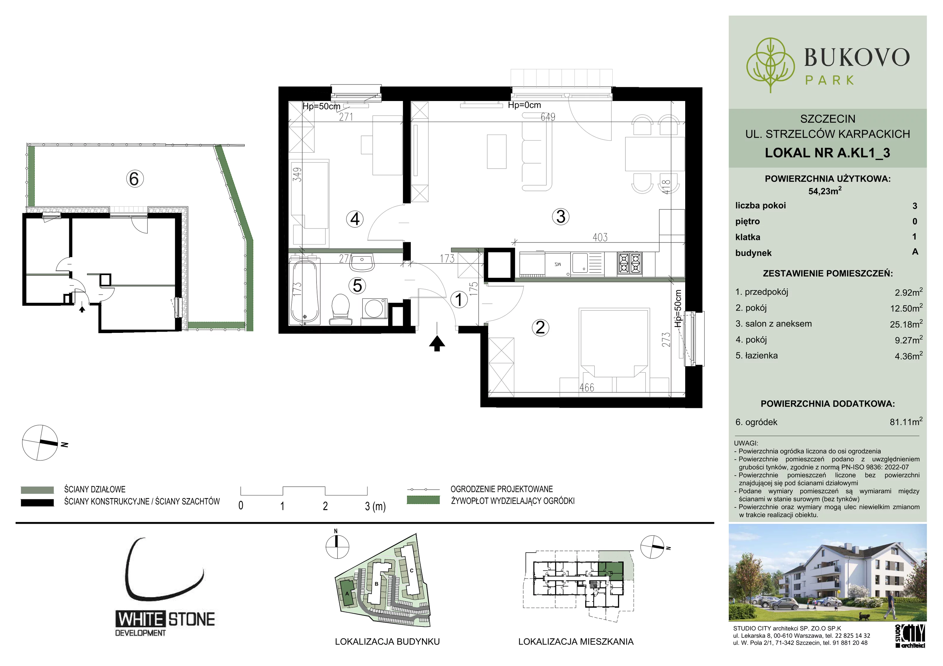 3 pokoje, mieszkanie 54,23 m², parter, oferta nr A_1_03, Bukovo Park, Szczecin, Północ, Bukowo, ul. Strzelców Karpackich