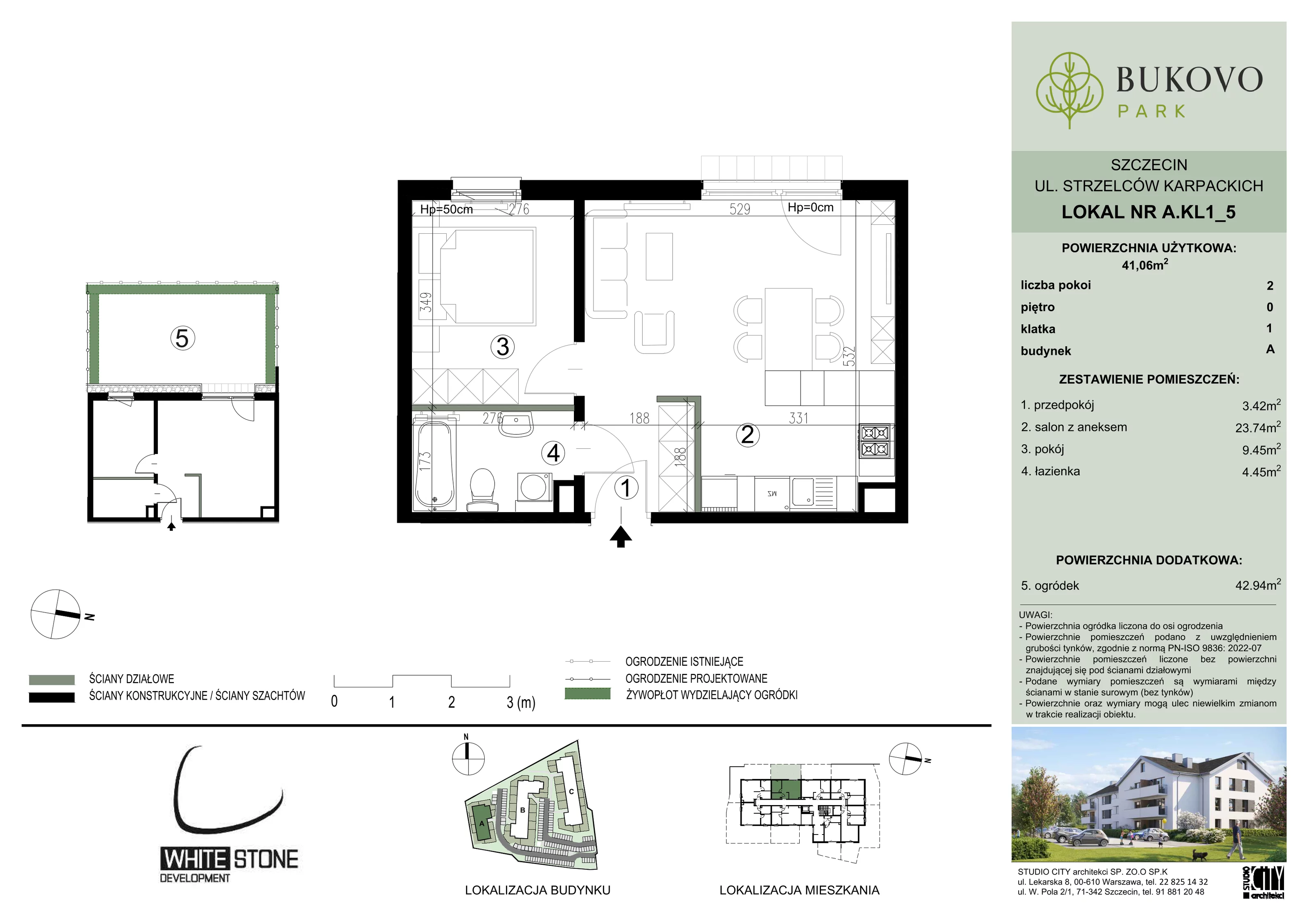 2 pokoje, mieszkanie 41,06 m², parter, oferta nr A_1_05, Bukovo Park, Szczecin, Północ, Bukowo, ul. Strzelców Karpackich
