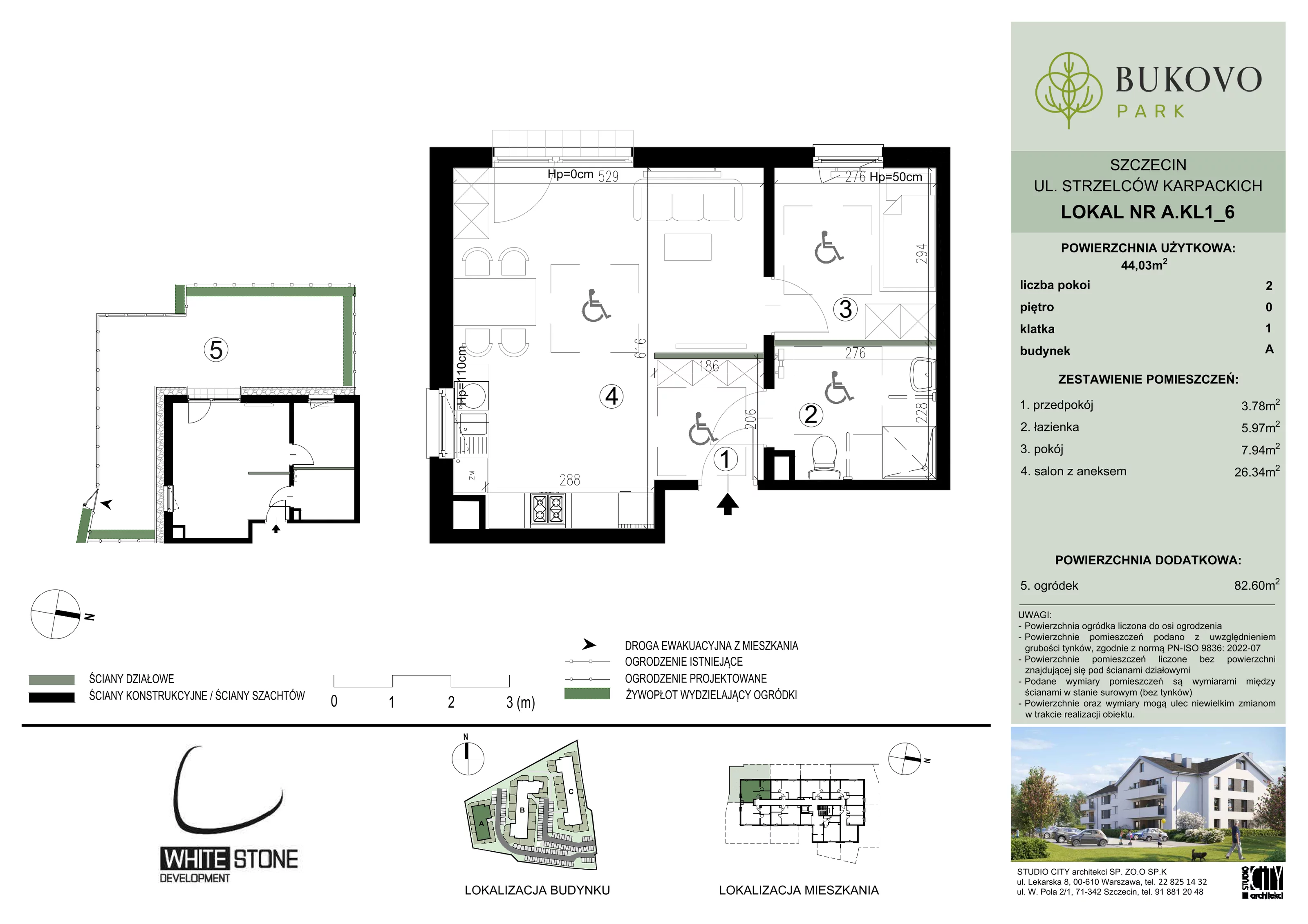 2 pokoje, mieszkanie 44,03 m², parter, oferta nr A_1_06, Bukovo Park, Szczecin, Północ, Bukowo, ul. Strzelców Karpackich