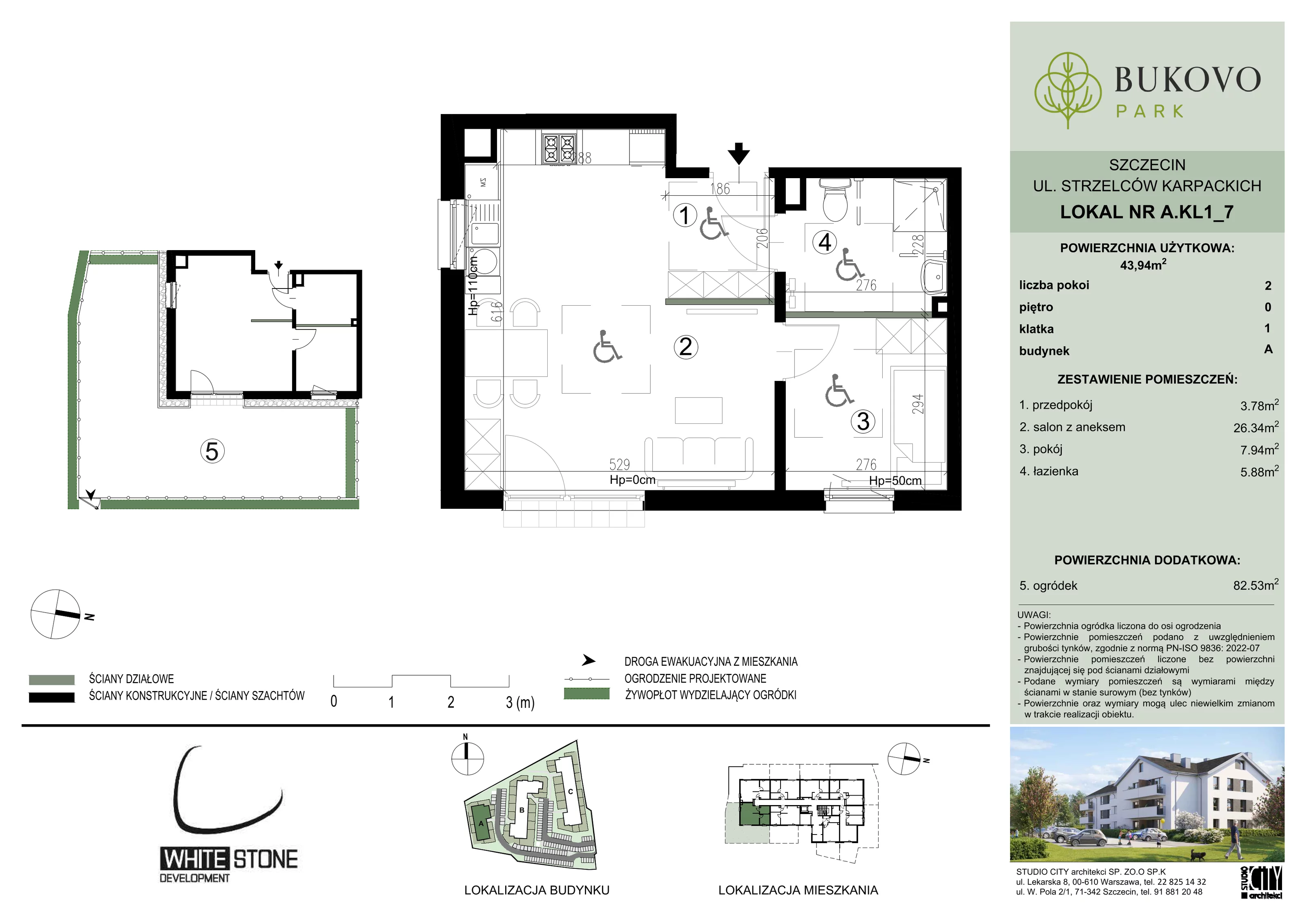 2 pokoje, mieszkanie 43,94 m², parter, oferta nr A_1_07, Bukovo Park, Szczecin, Północ, Bukowo, ul. Strzelców Karpackich