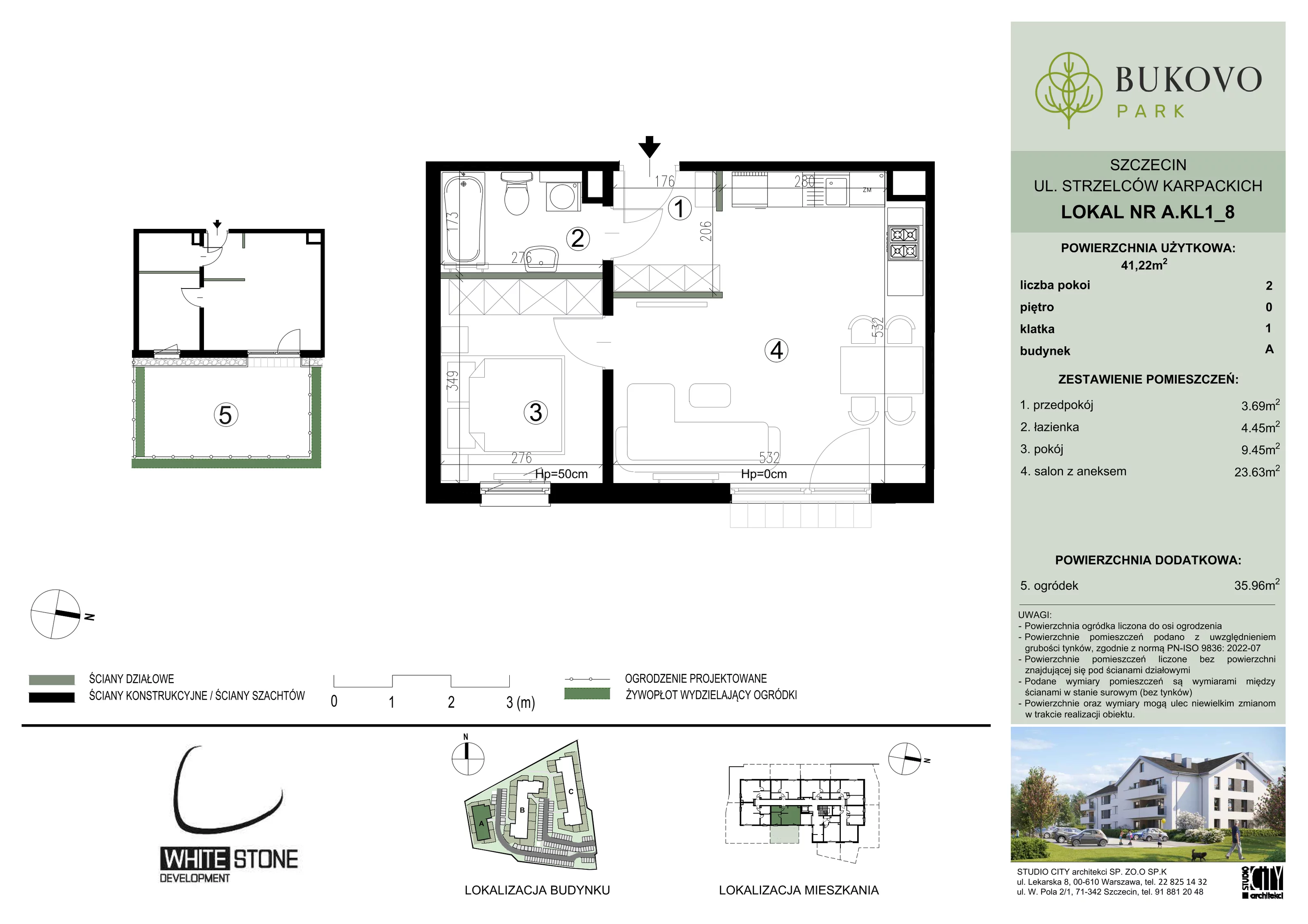 2 pokoje, mieszkanie 41,22 m², parter, oferta nr A_1_08, Bukovo Park, Szczecin, Północ, Bukowo, ul. Strzelców Karpackich