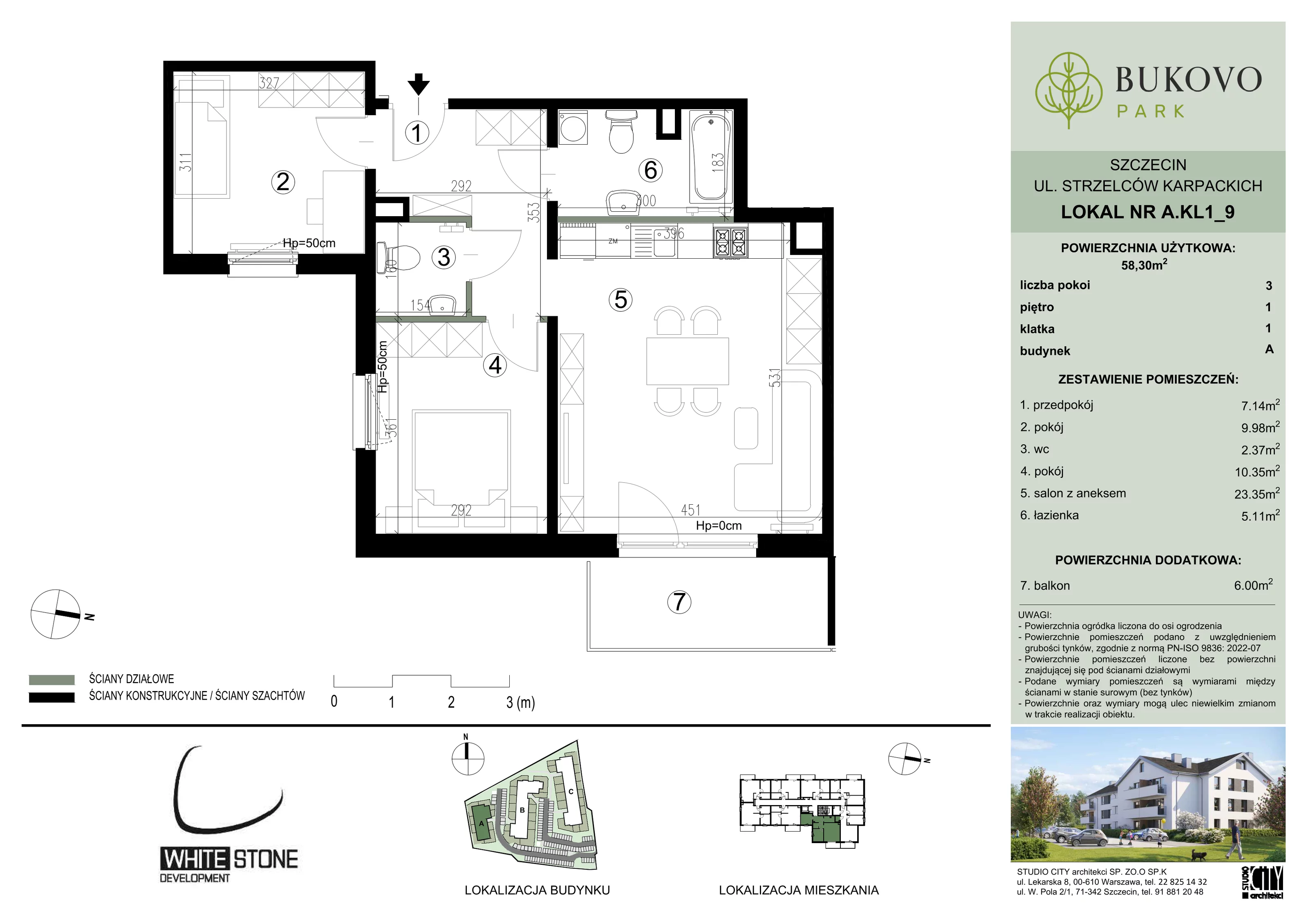 3 pokoje, mieszkanie 58,30 m², piętro 1, oferta nr A_1_09, Bukovo Park, Szczecin, Północ, Bukowo, ul. Strzelców Karpackich