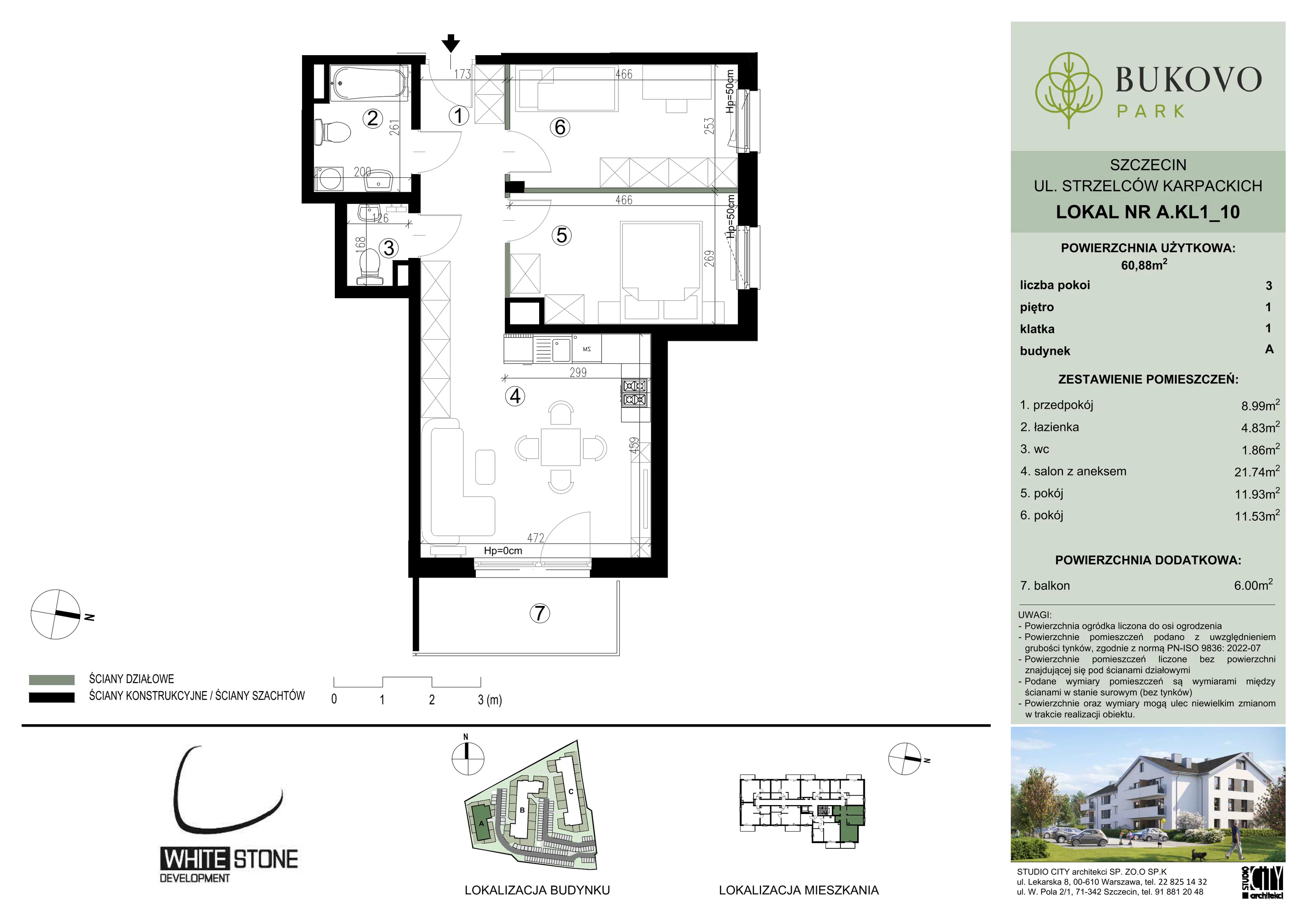 3 pokoje, mieszkanie 60,88 m², piętro 1, oferta nr A_1_10, Bukovo Park, Szczecin, Północ, Bukowo, ul. Strzelców Karpackich