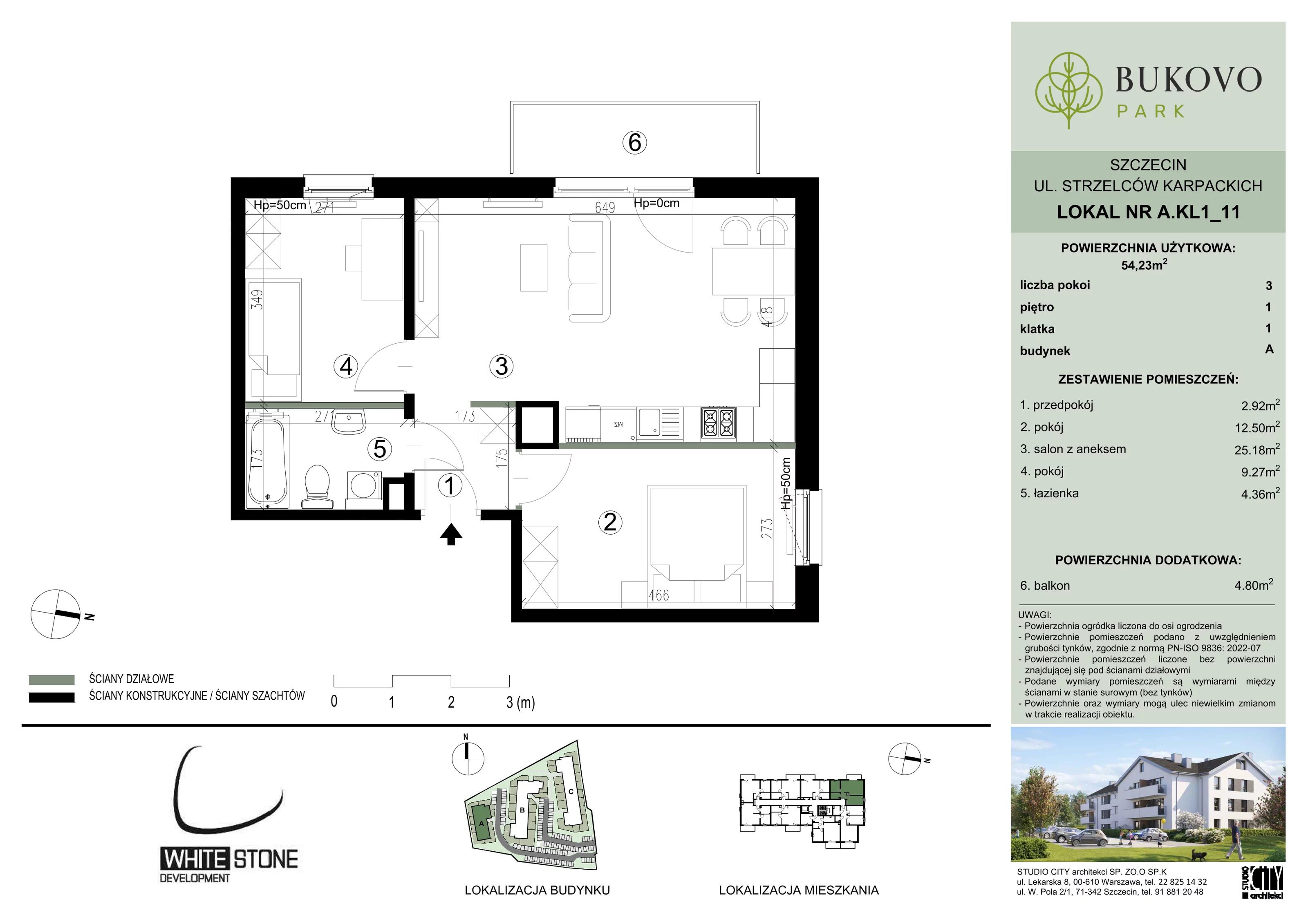 3 pokoje, mieszkanie 54,23 m², piętro 1, oferta nr A_1_11, Bukovo Park, Szczecin, Północ, Bukowo, ul. Strzelców Karpackich