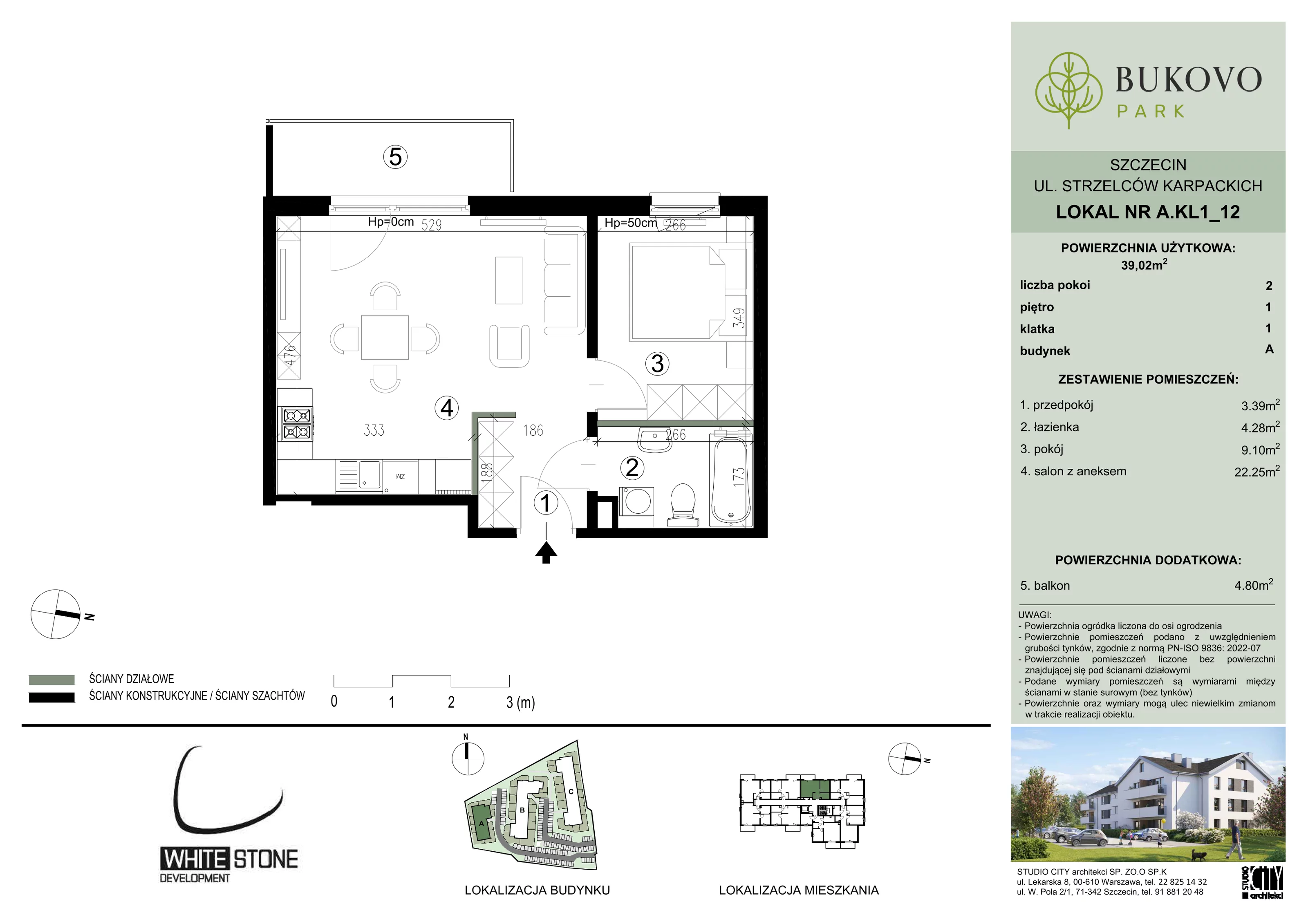 2 pokoje, mieszkanie 39,02 m², piętro 1, oferta nr A_1_12, Bukovo Park, Szczecin, Północ, Bukowo, ul. Strzelców Karpackich
