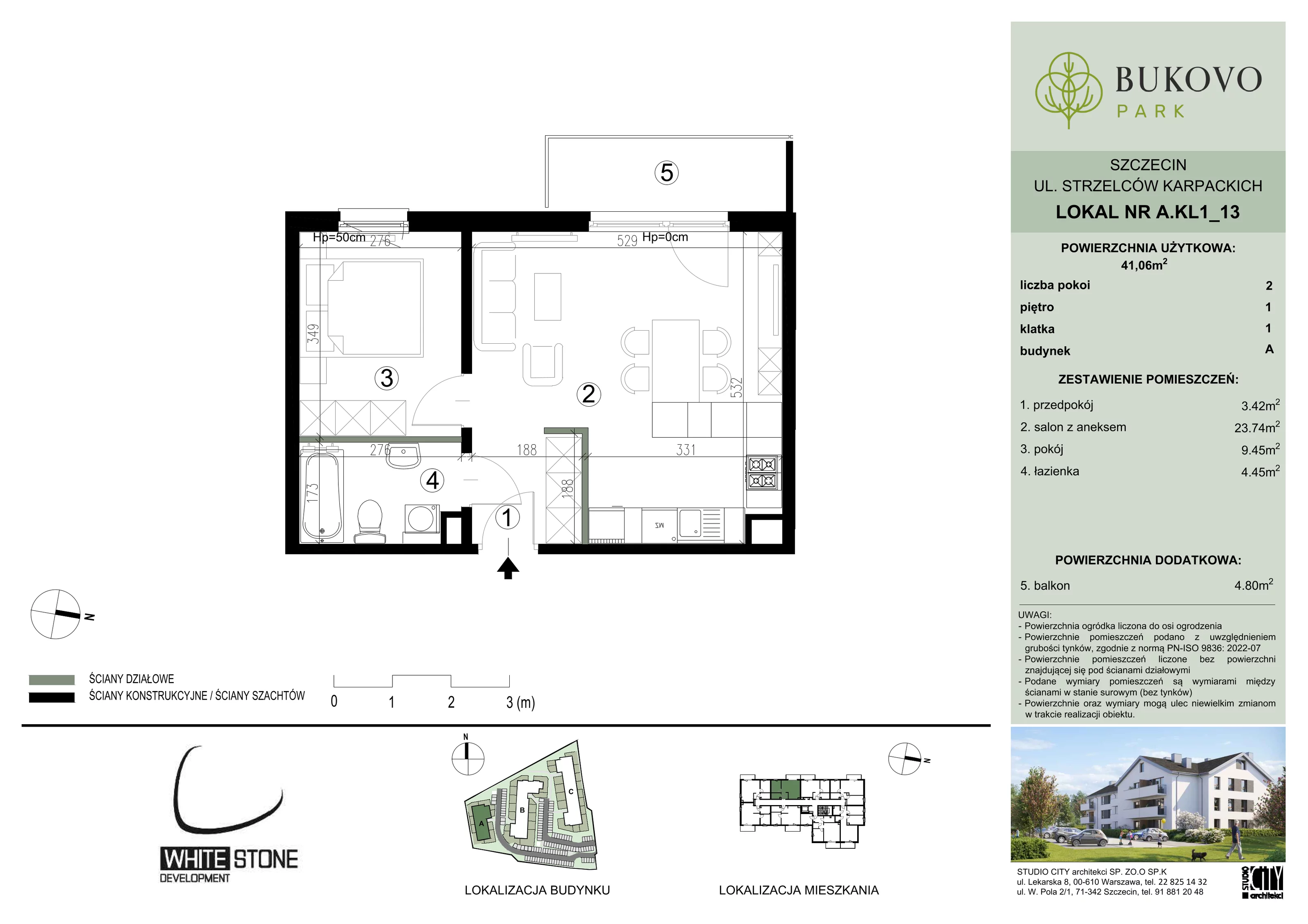 2 pokoje, mieszkanie 41,06 m², piętro 1, oferta nr A_1_13, Bukovo Park, Szczecin, Północ, Bukowo, ul. Strzelców Karpackich