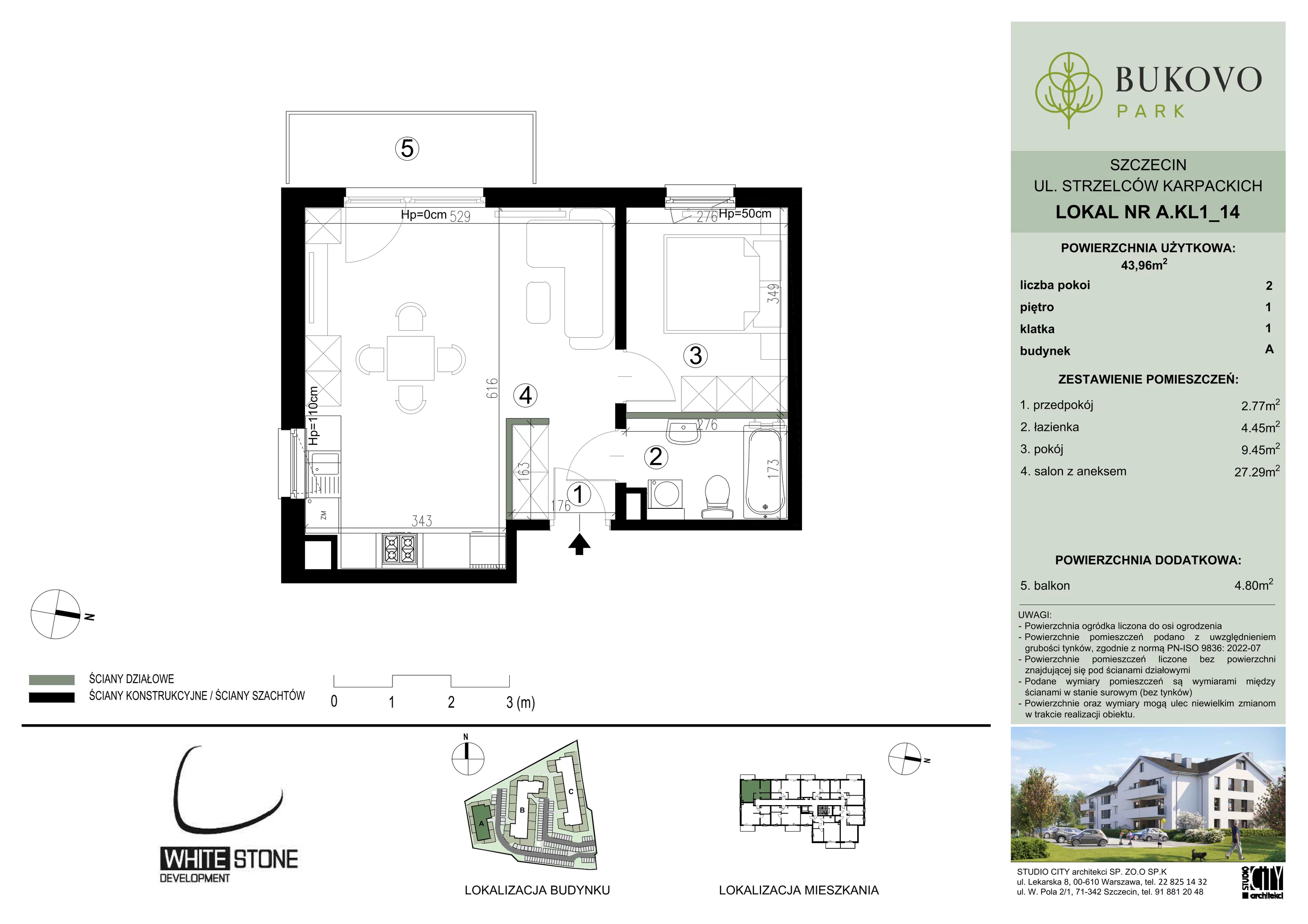 2 pokoje, mieszkanie 43,96 m², piętro 1, oferta nr A_1_14, Bukovo Park, Szczecin, Północ, Bukowo, ul. Strzelców Karpackich