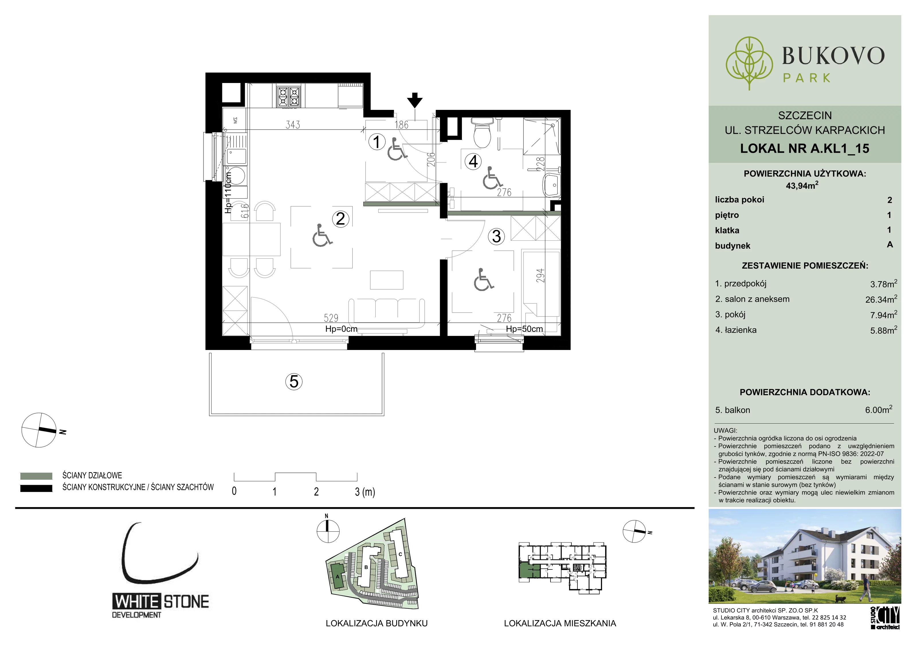2 pokoje, mieszkanie 43,94 m², piętro 1, oferta nr A_1_15, Bukovo Park, Szczecin, Północ, Bukowo, ul. Strzelców Karpackich
