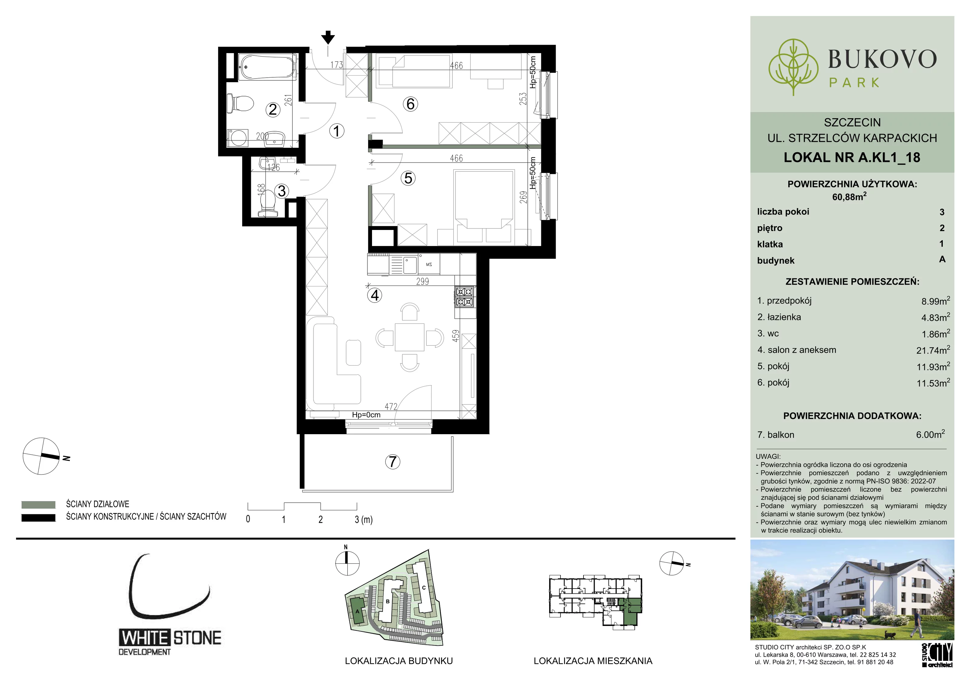 3 pokoje, mieszkanie 60,88 m², piętro 2, oferta nr A_1_18, Bukovo Park, Szczecin, Północ, Bukowo, ul. Strzelców Karpackich