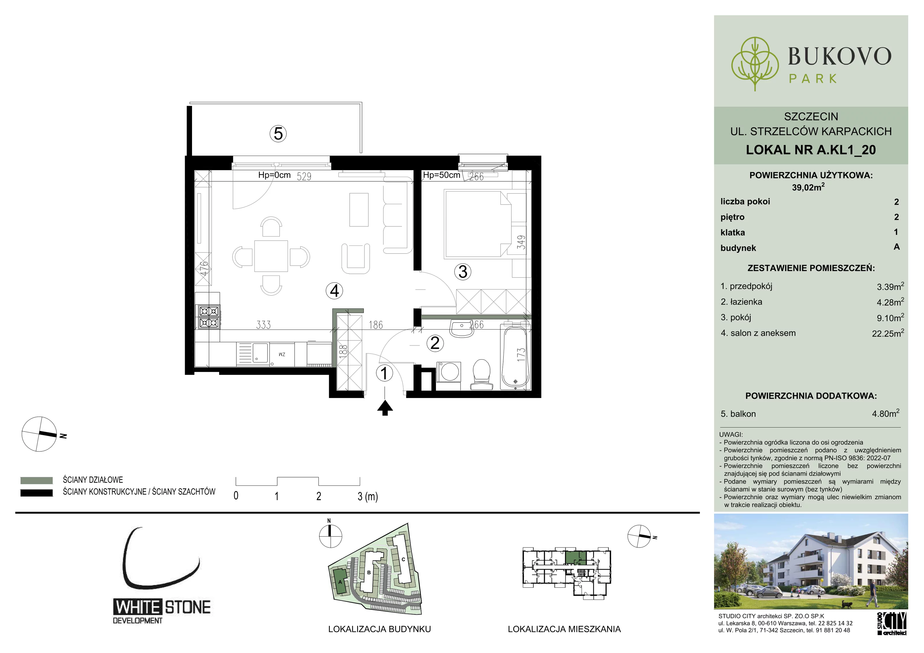 2 pokoje, mieszkanie 39,02 m², piętro 2, oferta nr A_1_20, Bukovo Park, Szczecin, Północ, Bukowo, ul. Strzelców Karpackich